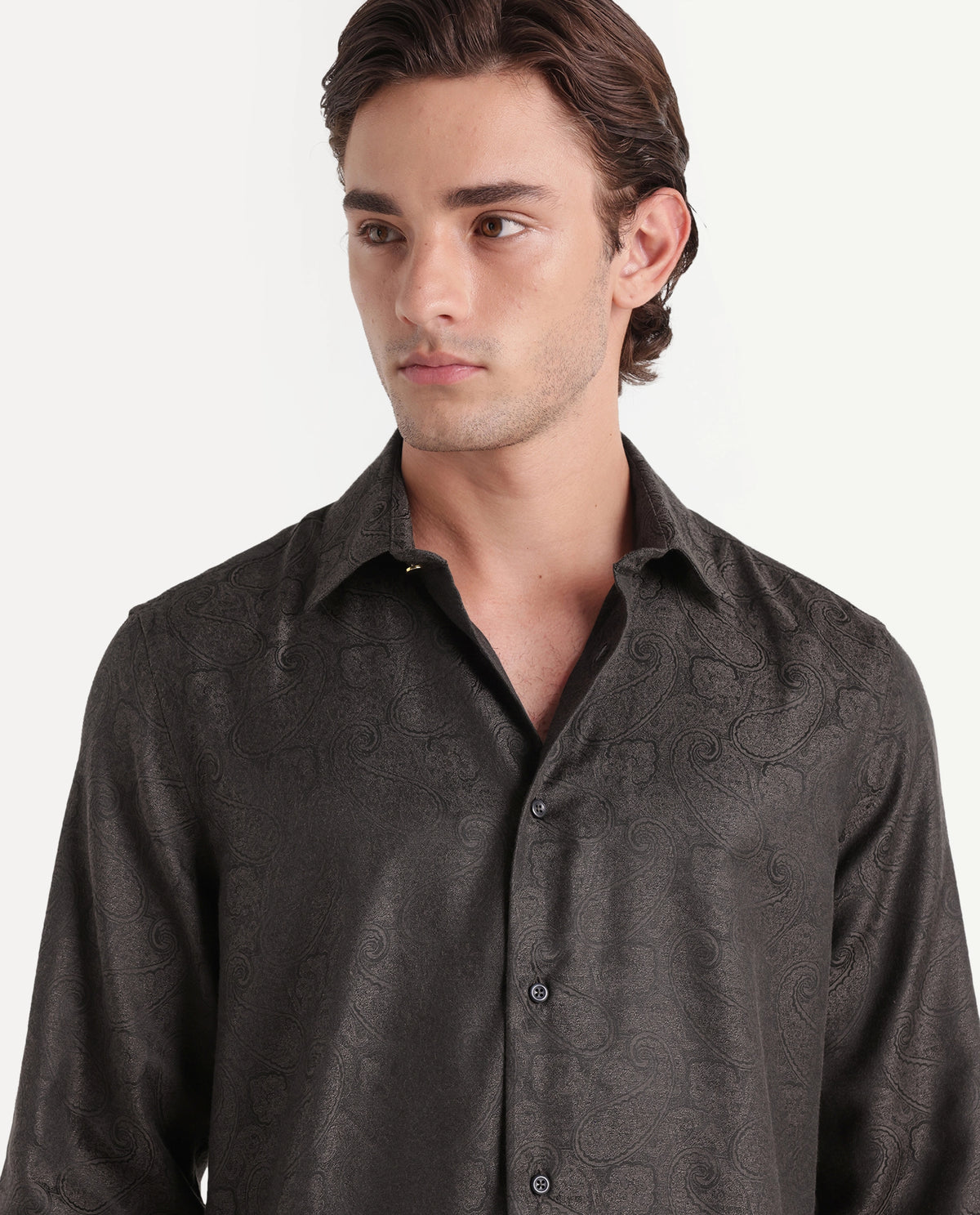 Rare Rabbit Men's Nasa Brown Polyester Blend Spread Collar Regular Paisley Print Shirt