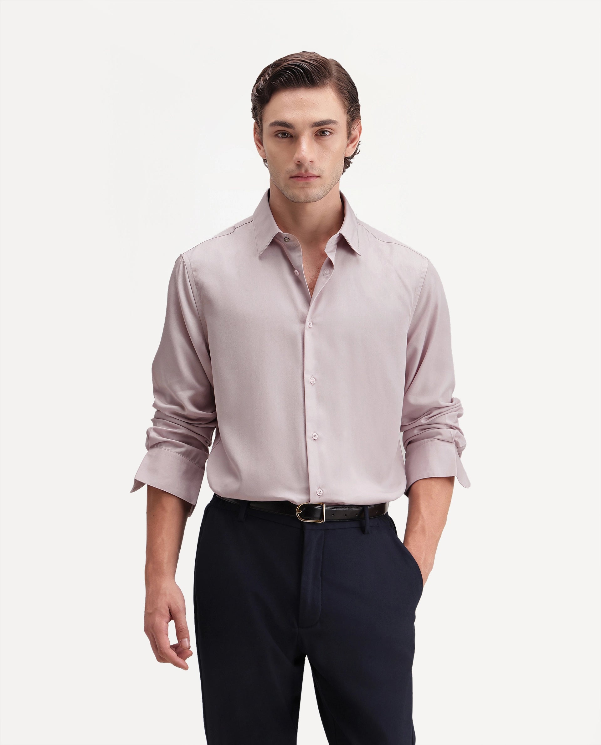 Rare Rabbit Men's Dream-26 Dusky Peach Tencel Spread Collar Regular Plain Shirt