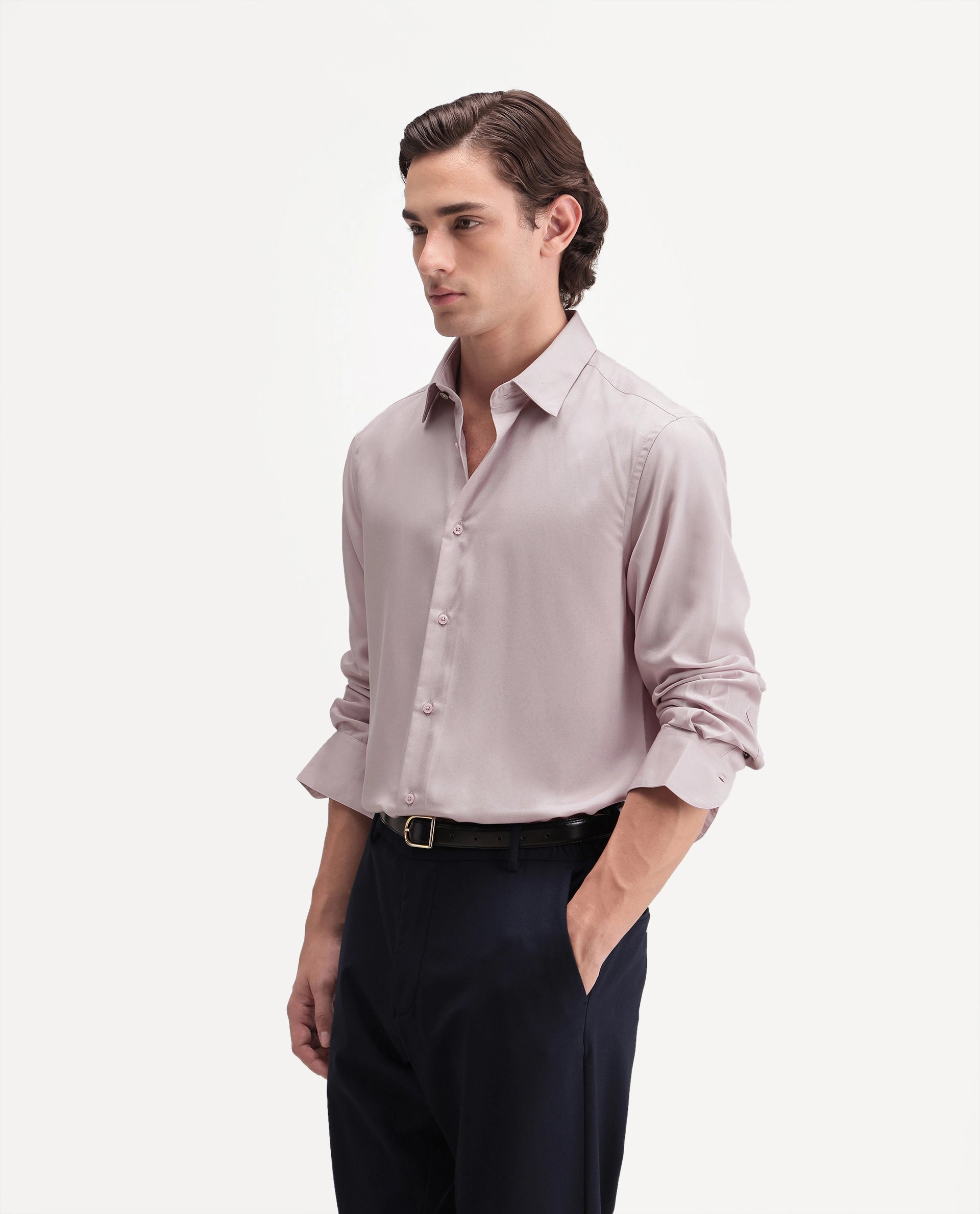 Rare Rabbit Men's Dream-26 Dusky Peach Tencel Spread Collar Regular Plain Shirt