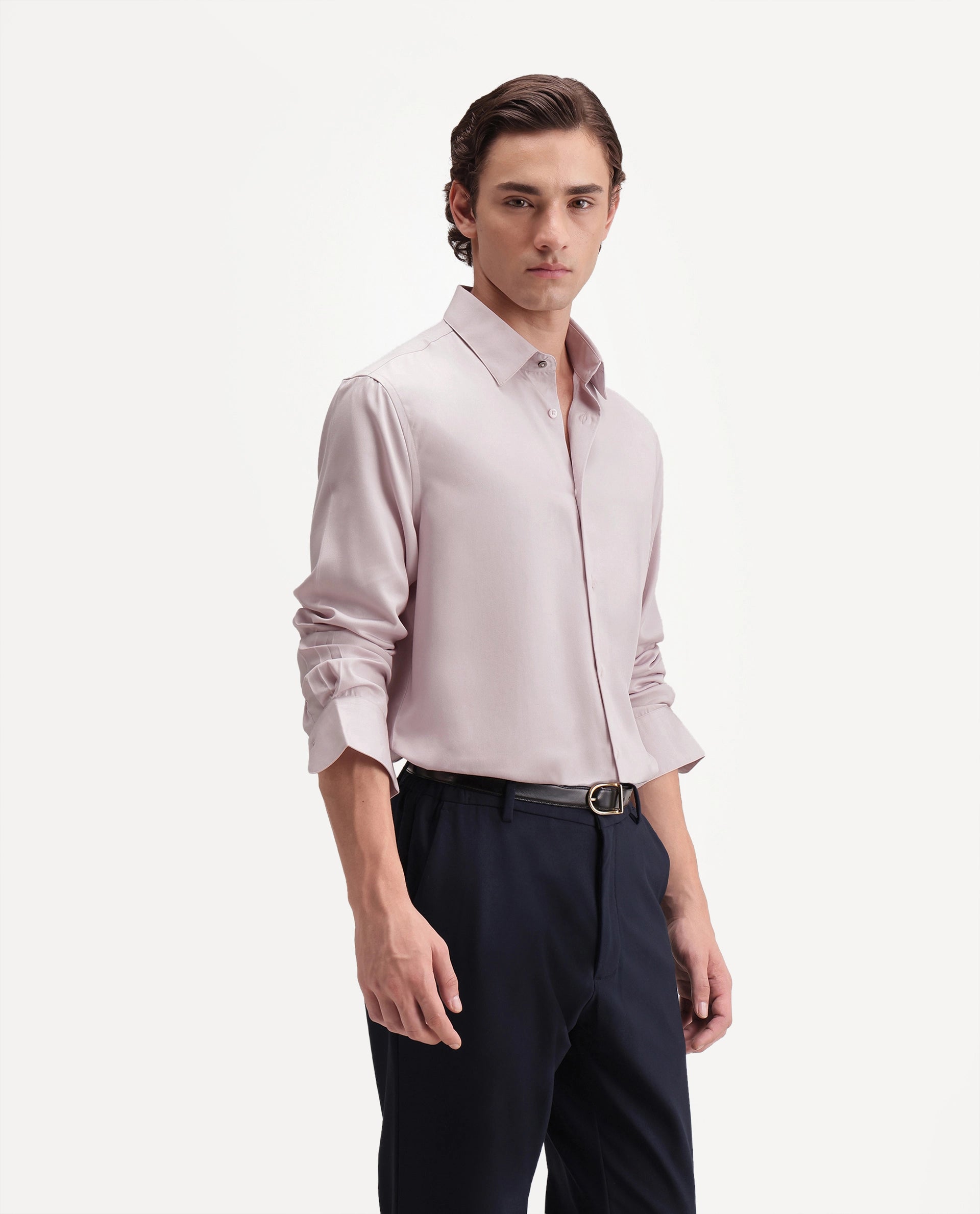 Rare Rabbit Men's Dream-26 Dusky Peach Tencel Spread Collar Regular Plain Shirt