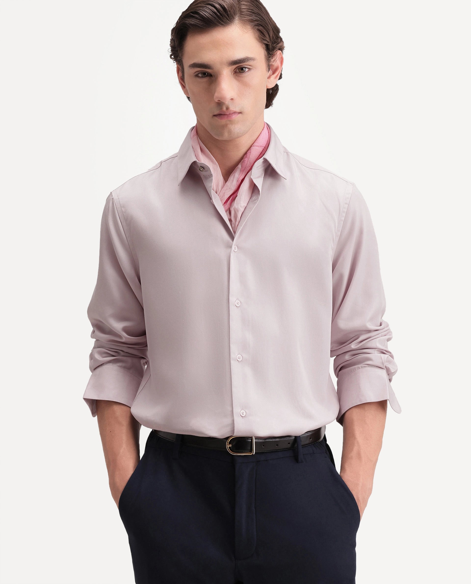 Rare Rabbit Men's Dream-26 Dusky Peach Tencel Spread Collar Regular Plain Shirt