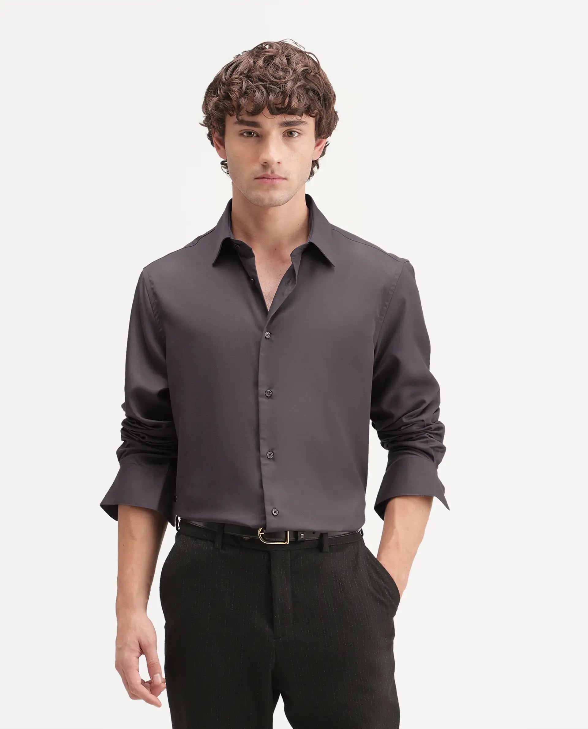 Rare Rabbit Men's Dream-26 Dusky Fawn Tencel Spread Collar Regular Plain Shirt