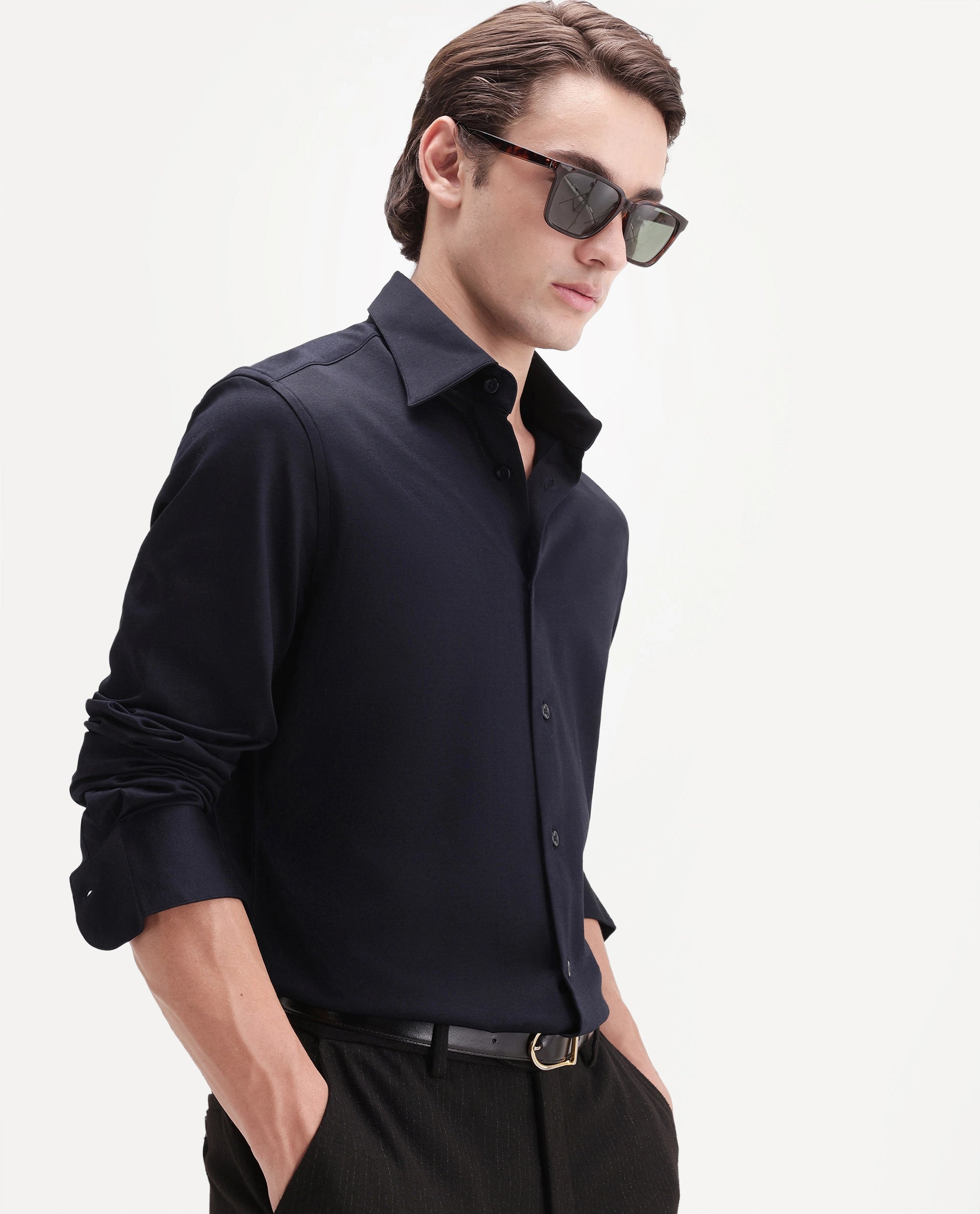 Rare Rabbit Men's Bogi-26 Navy Cotton Blend Spread Collar Regular Plain Shirt