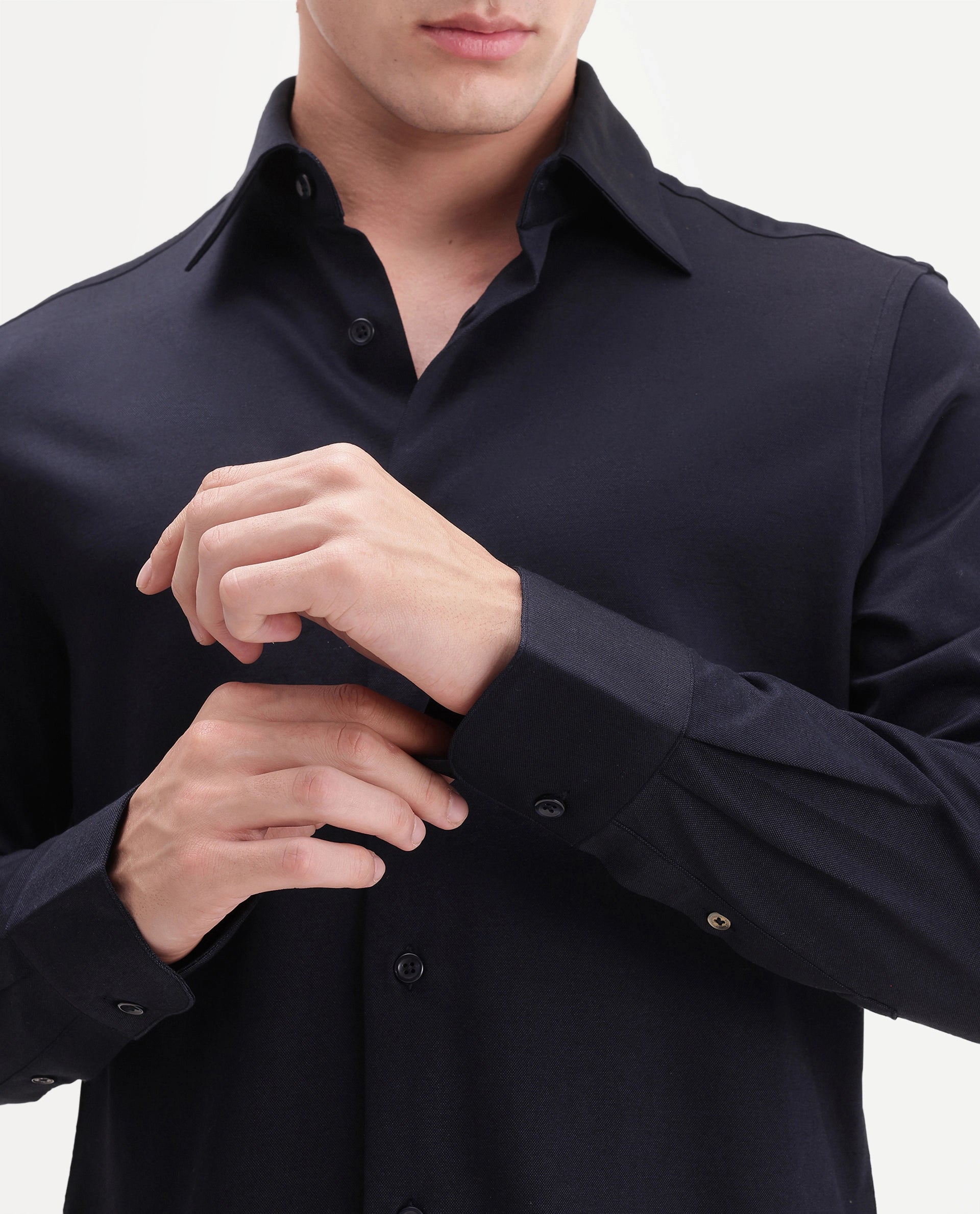 Rare Rabbit Men's Bogi-26 Navy Cotton Blend Spread Collar Regular Plain Shirt