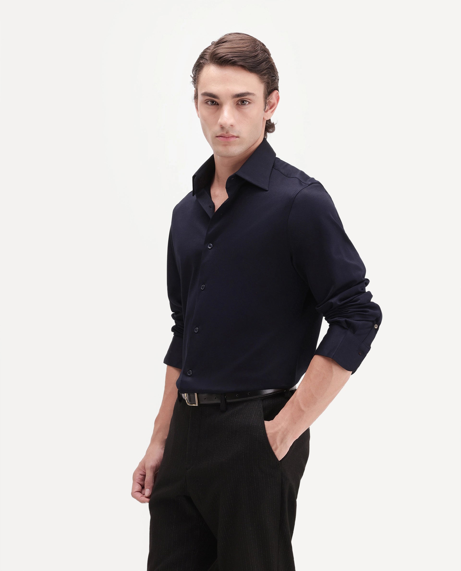 Rare Rabbit Men's Bogi-26 Navy Cotton Blend Spread Collar Regular Plain Shirt