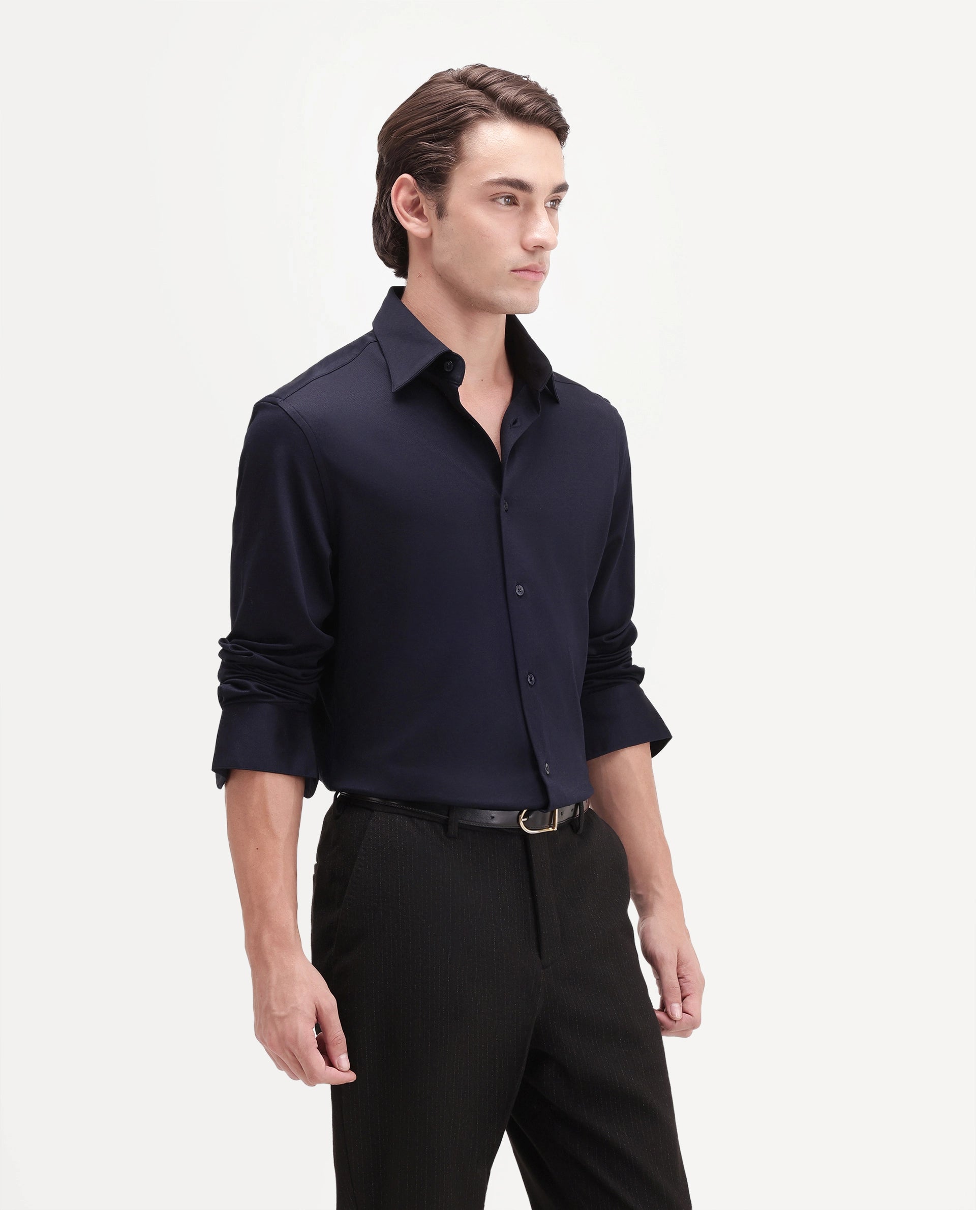 Rare Rabbit Men's Bogi-26 Navy Cotton Blend Spread Collar Regular Plain Shirt