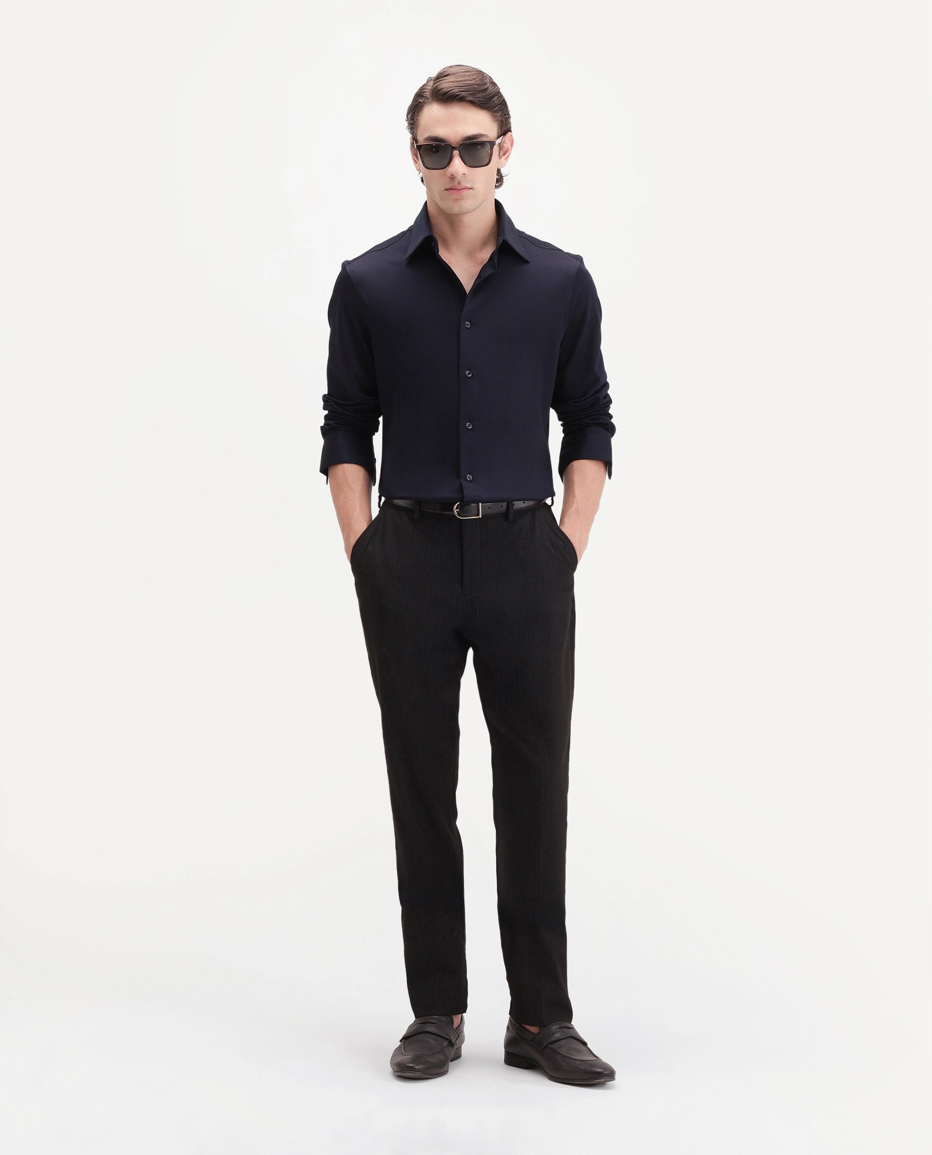 Rare Rabbit Men's Bogi-26 Navy Cotton Blend Spread Collar Regular Plain Shirt