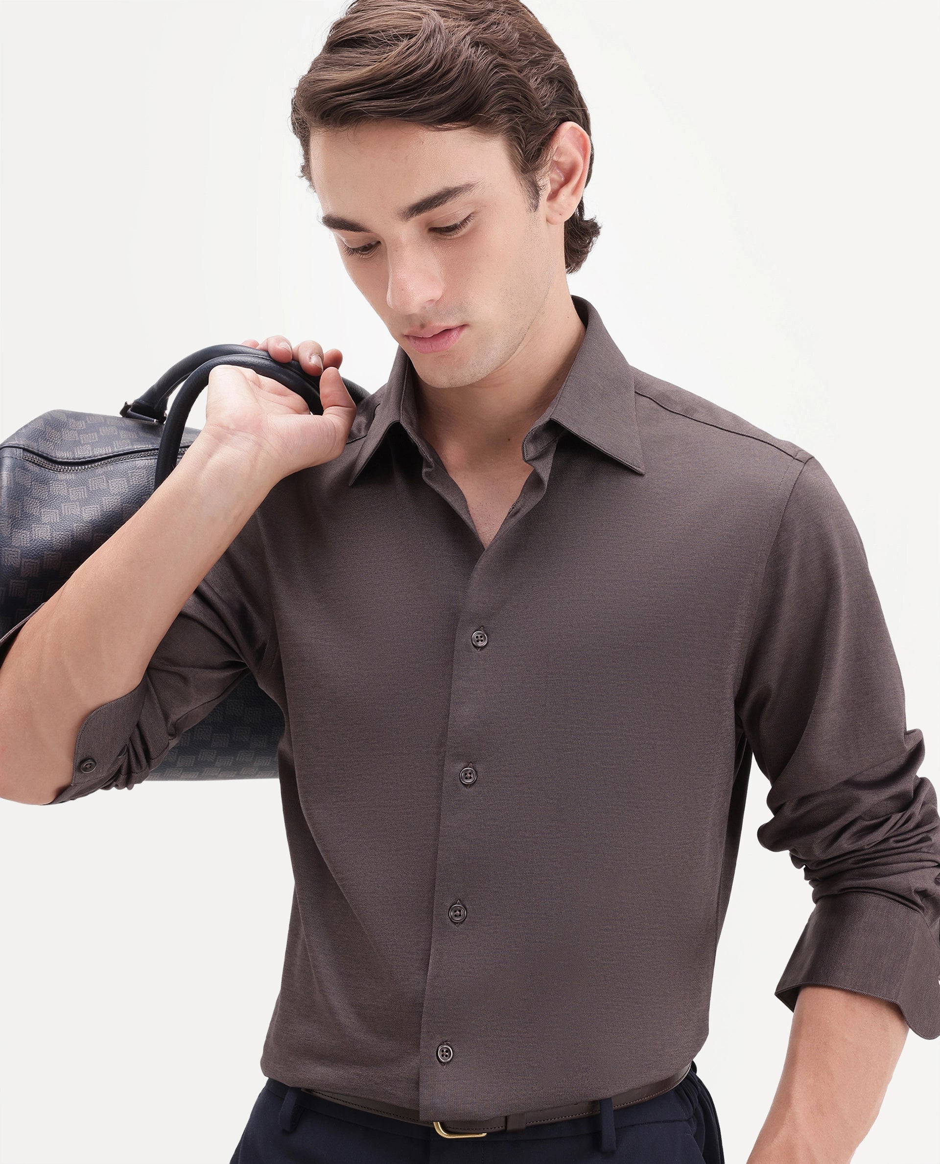 Rare Rabbit Men's Bogi-26 Dusky Brown Cotton Blend Spread Collar Regular Plain Shirt