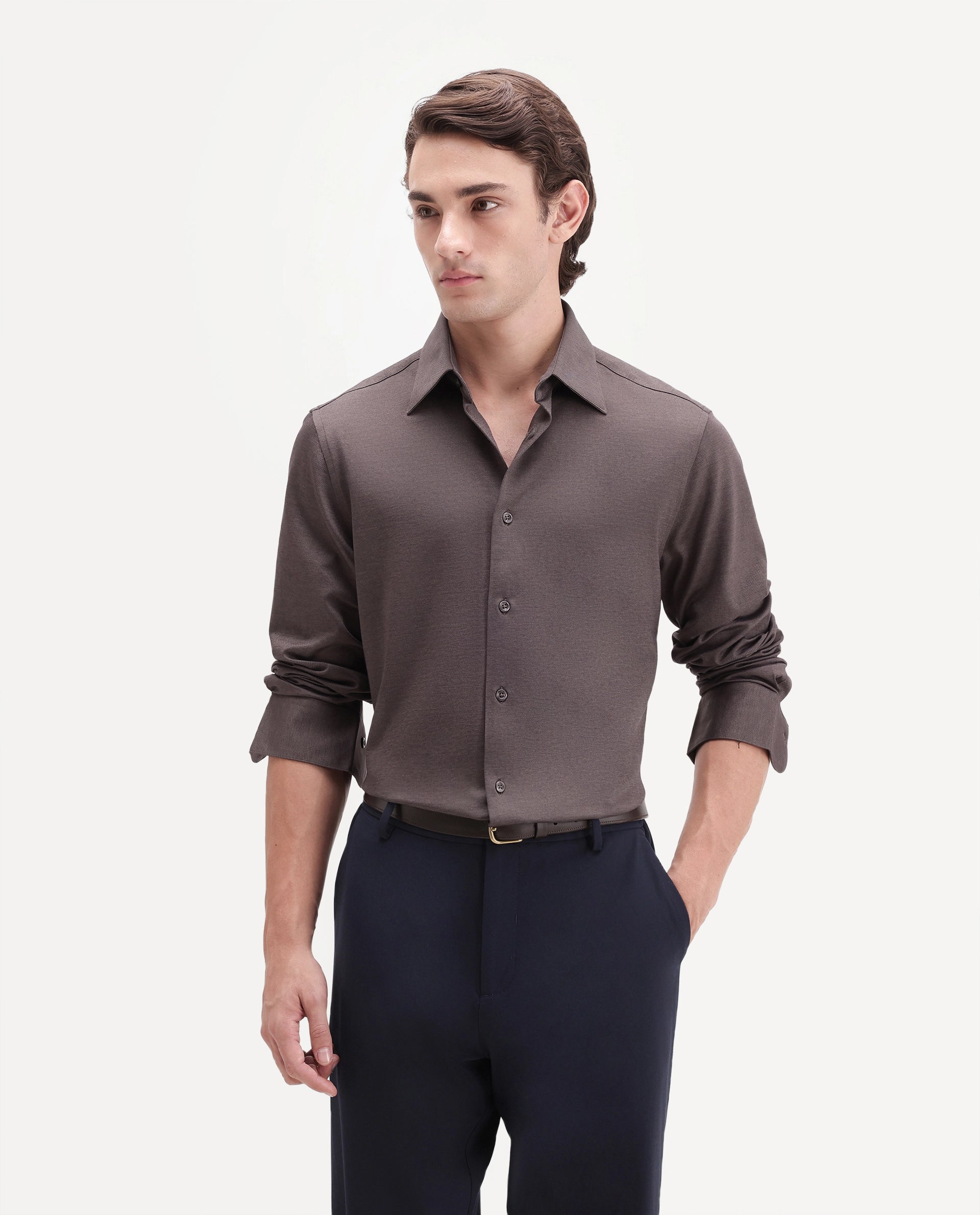 Rare Rabbit Men's Bogi-26 Dusky Brown Cotton Blend Spread Collar Regular Plain Shirt
