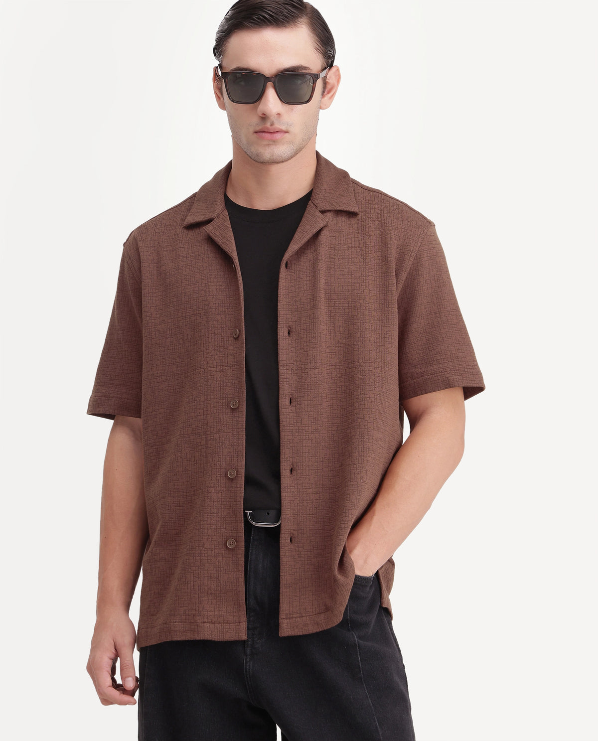 Rare Rabbit Men's Kelos-Aw26 Brown Cotton Blend Cuban Collar Regular Plain Shirt