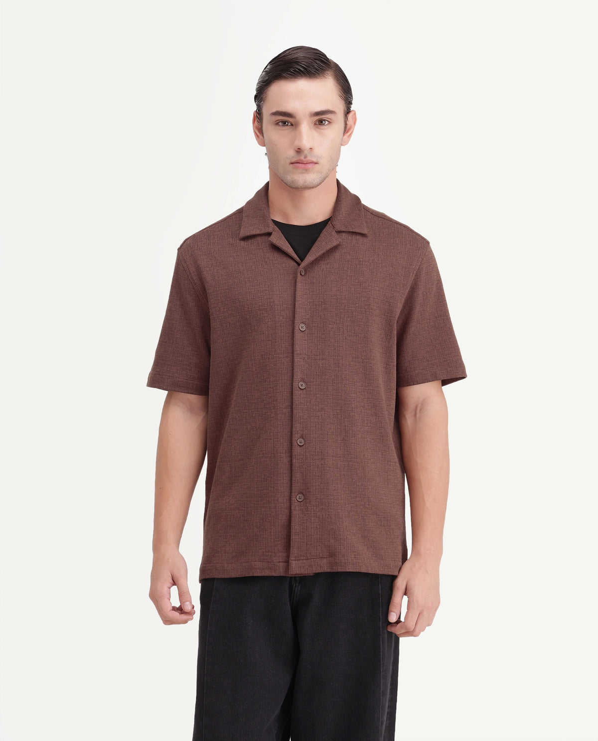 Rare Rabbit Men's Kelos-Aw26 Brown Cotton Blend Cuban Collar Regular Plain Shirt