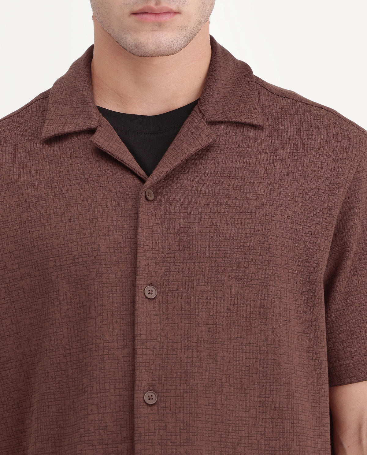 Rare Rabbit Men's Kelos-Aw26 Brown Cotton Blend Cuban Collar Regular Plain Shirt