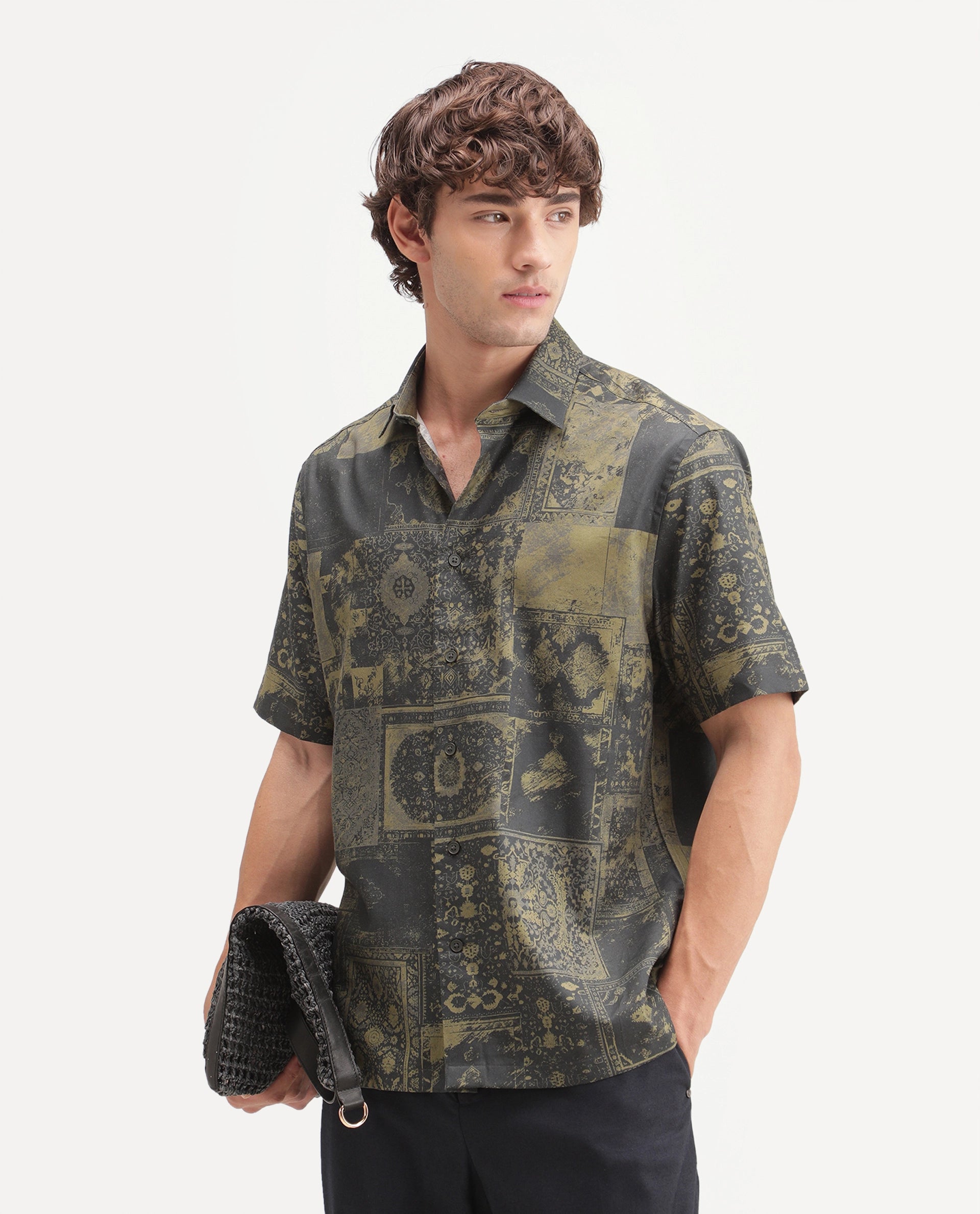 Rare Rabbit Men's Carpo Green Cotton Blend Spread Collar Relaxed Abstract Print Shirt