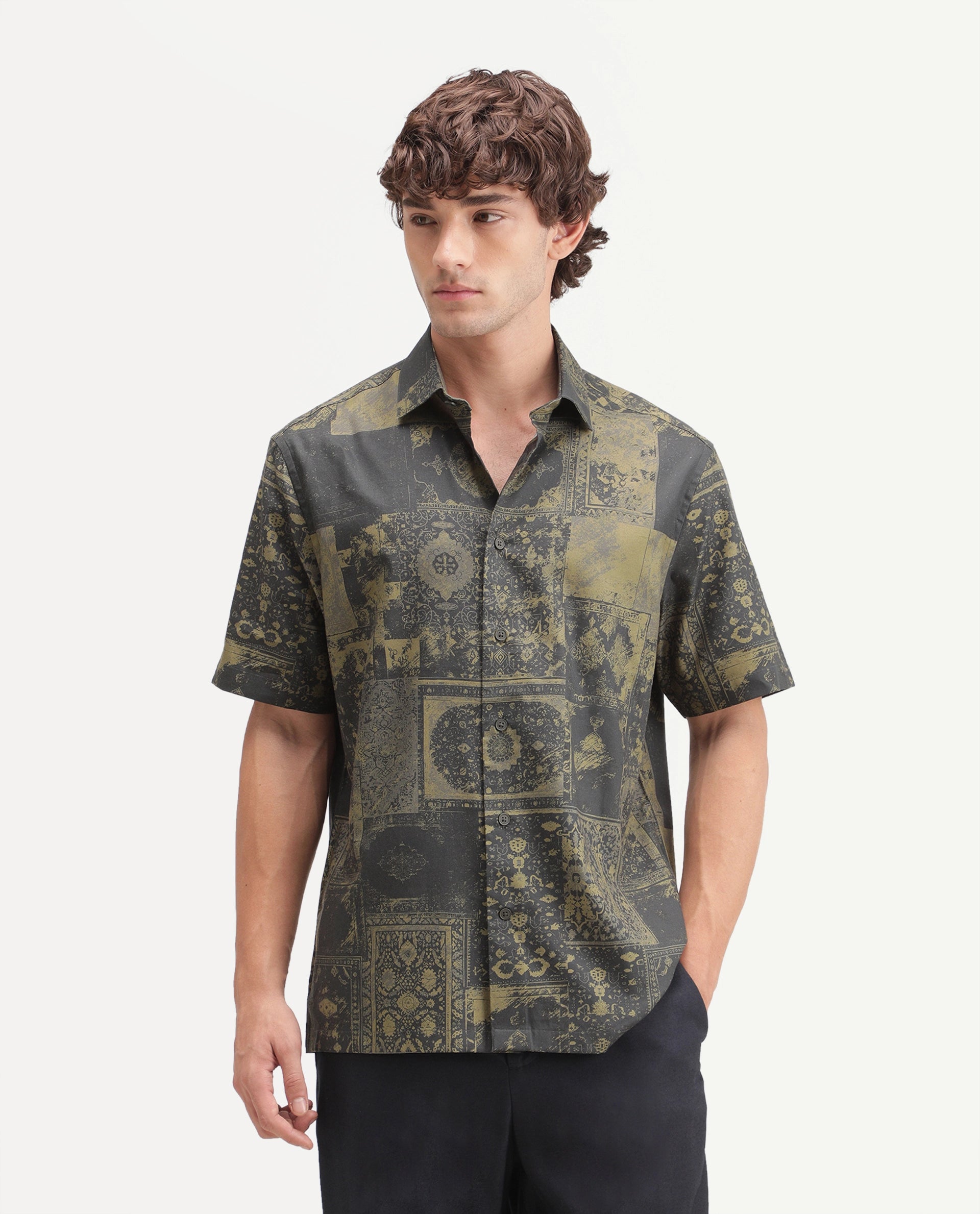 Rare Rabbit Men's Carpo Green Cotton Blend Spread Collar Relaxed Abstract Print Shirt