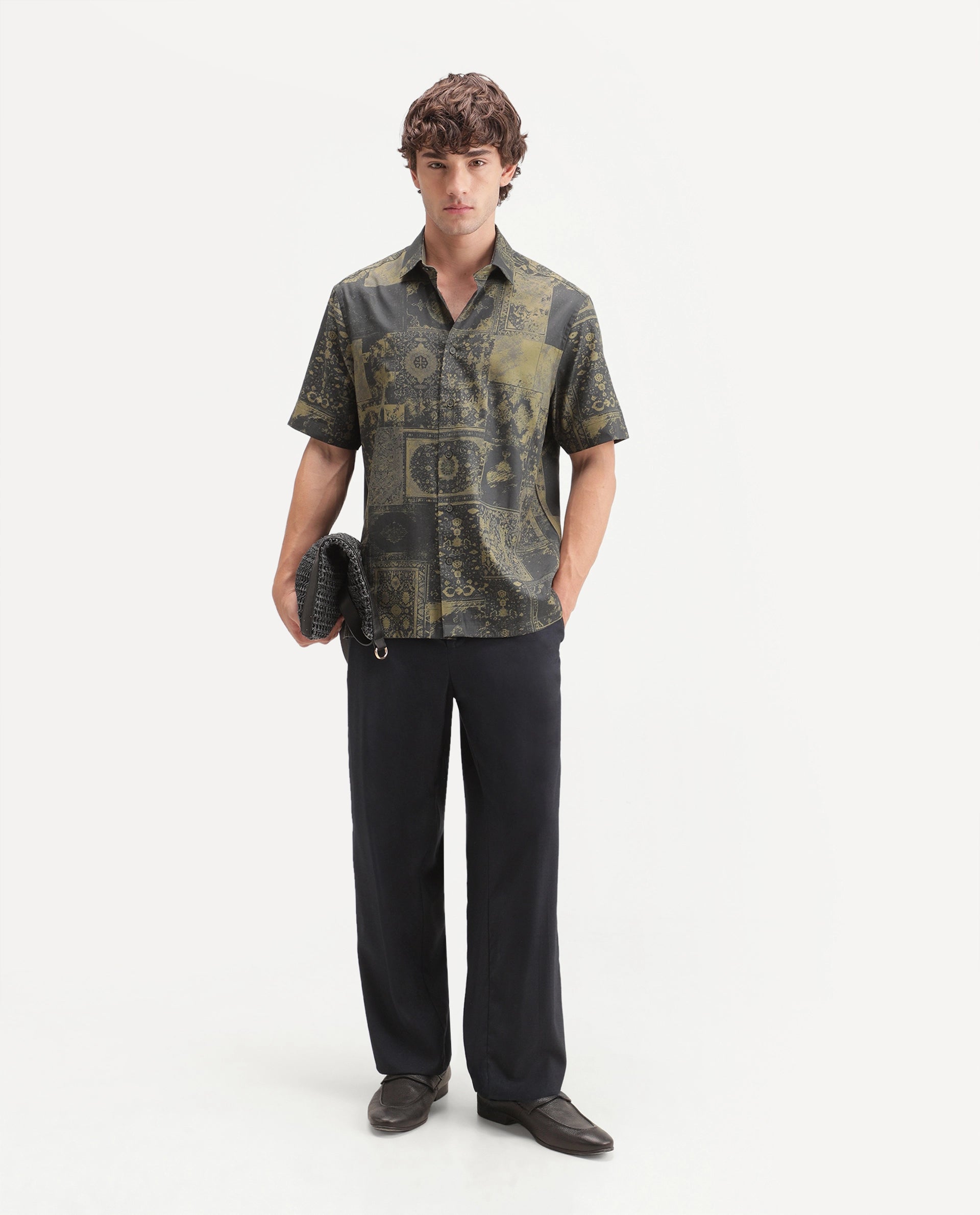Rare Rabbit Men's Carpo Green Cotton Blend Spread Collar Relaxed Abstract Print Shirt