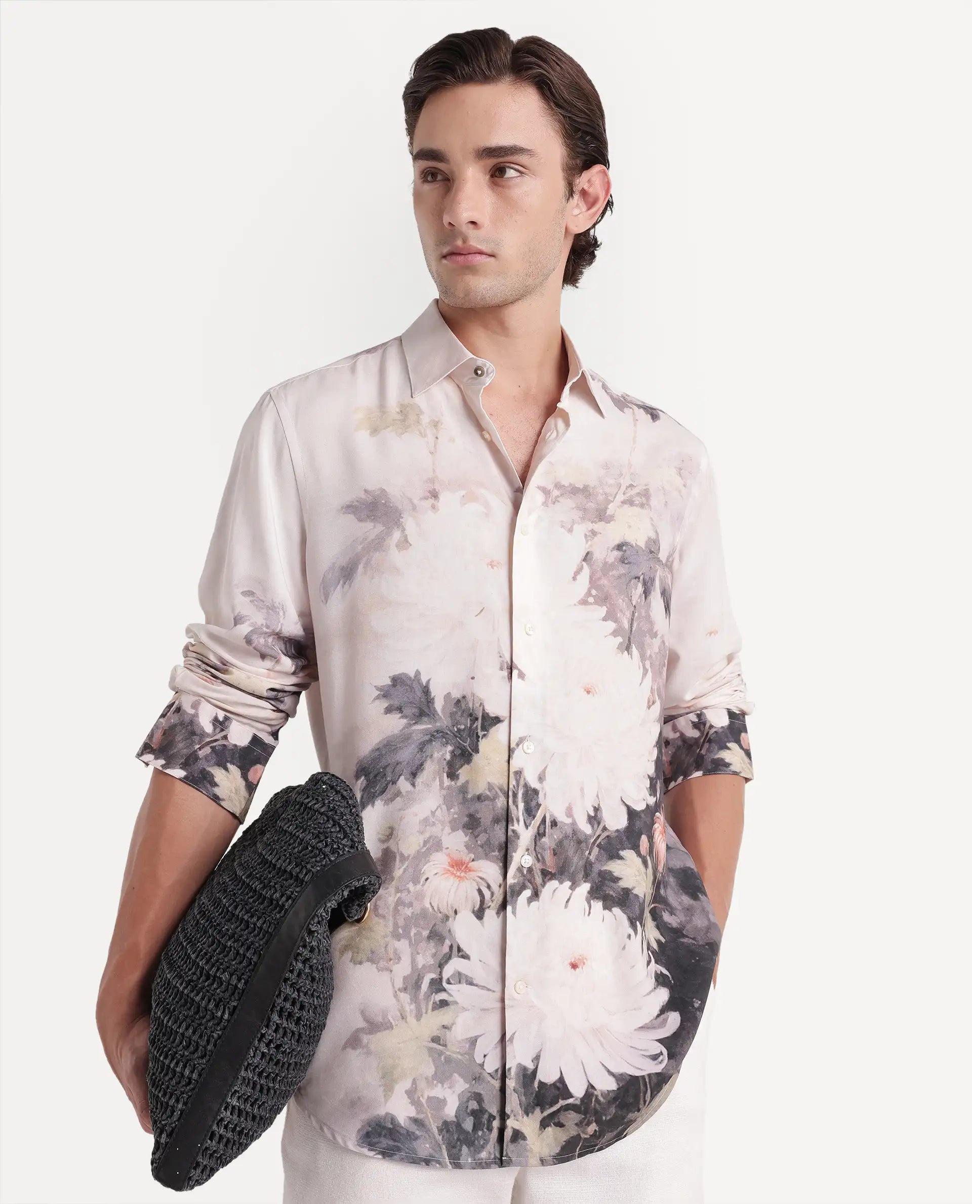 Rare Rabbit Men's Doms Light Beige Viscose Spread Collar Regular Floral Print Shirt