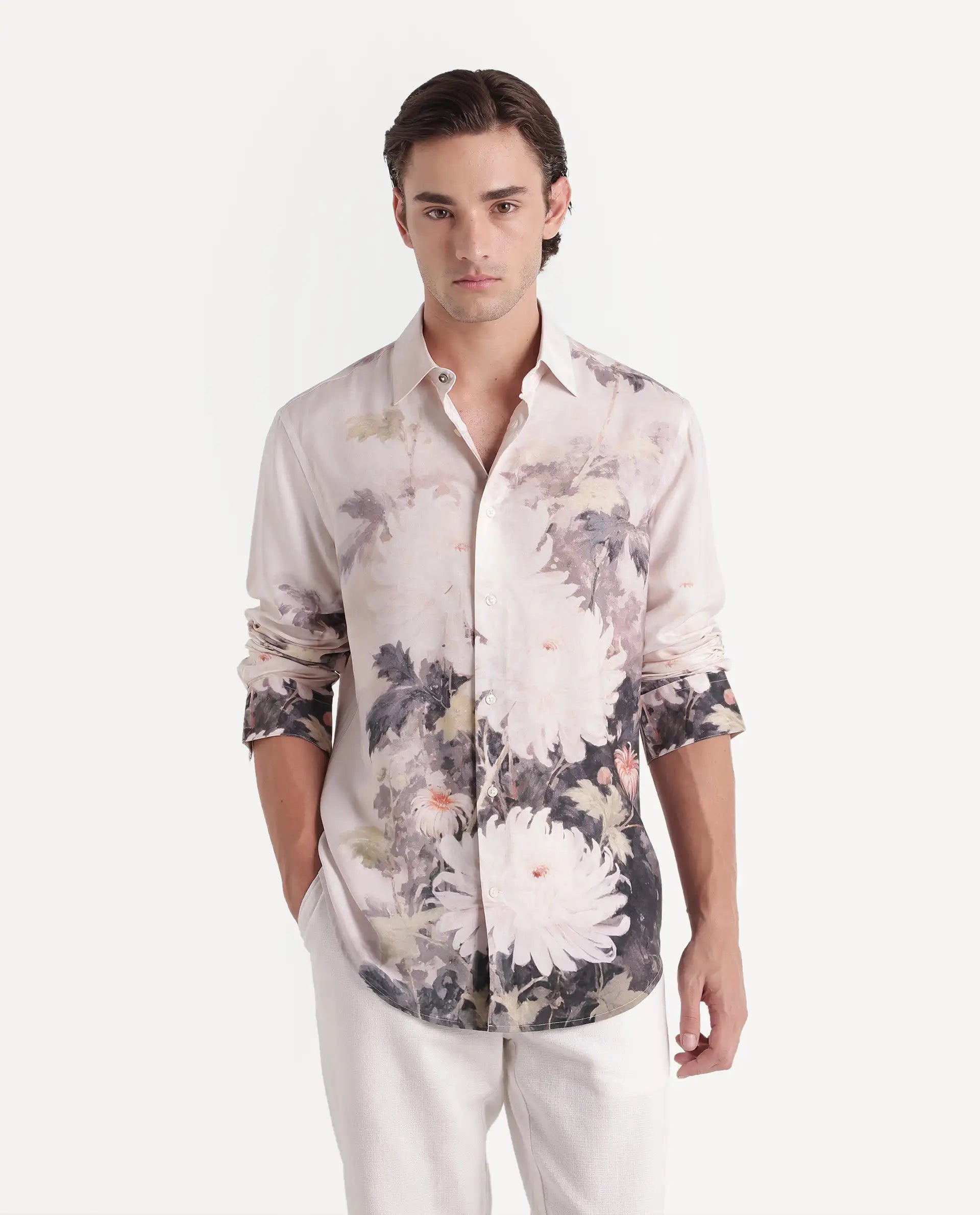 Rare Rabbit Men's Doms Light Beige Viscose Spread Collar Regular Floral Print Shirt