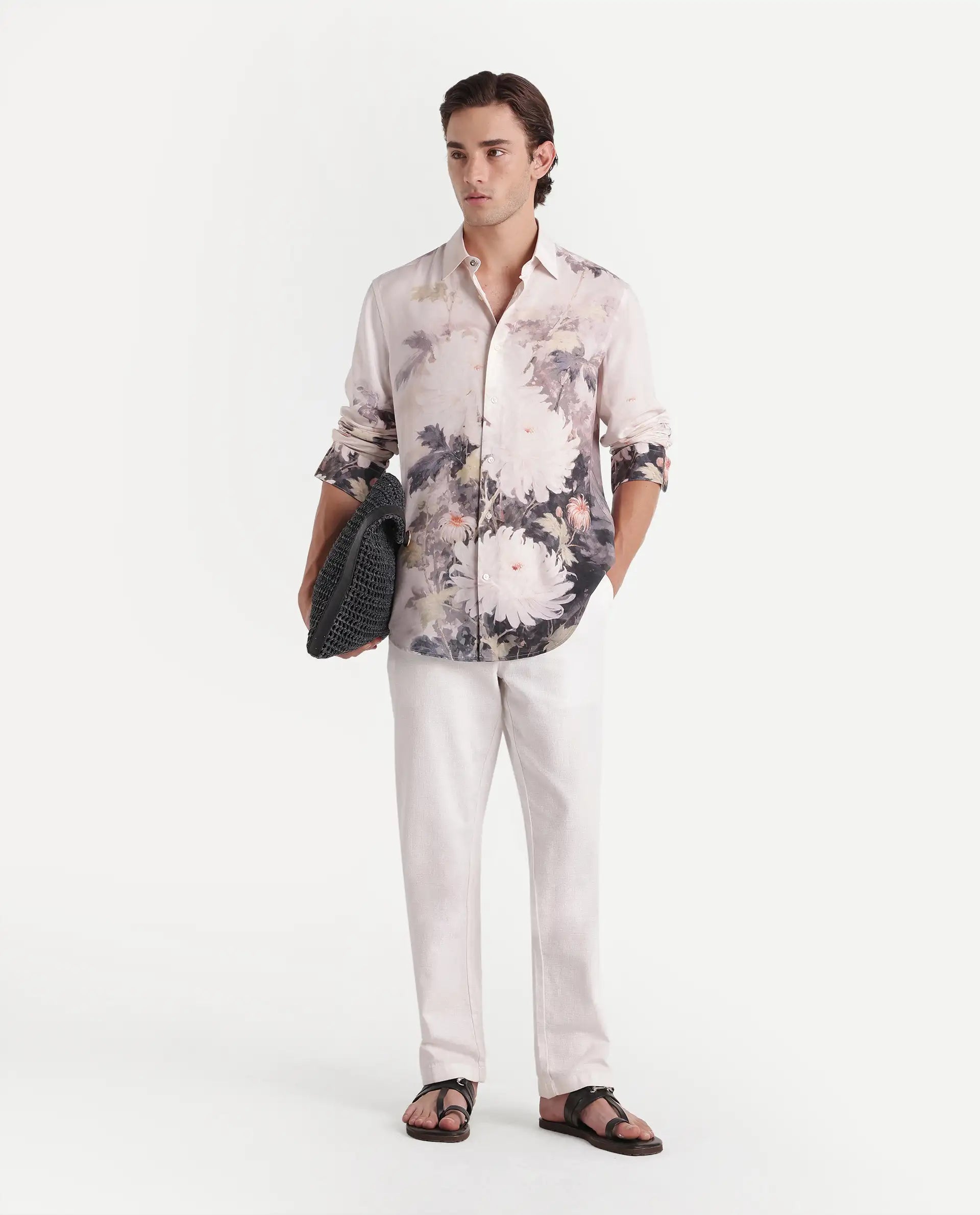 Rare Rabbit Men's Doms Light Beige Viscose Spread Collar Regular Floral Print Shirt
