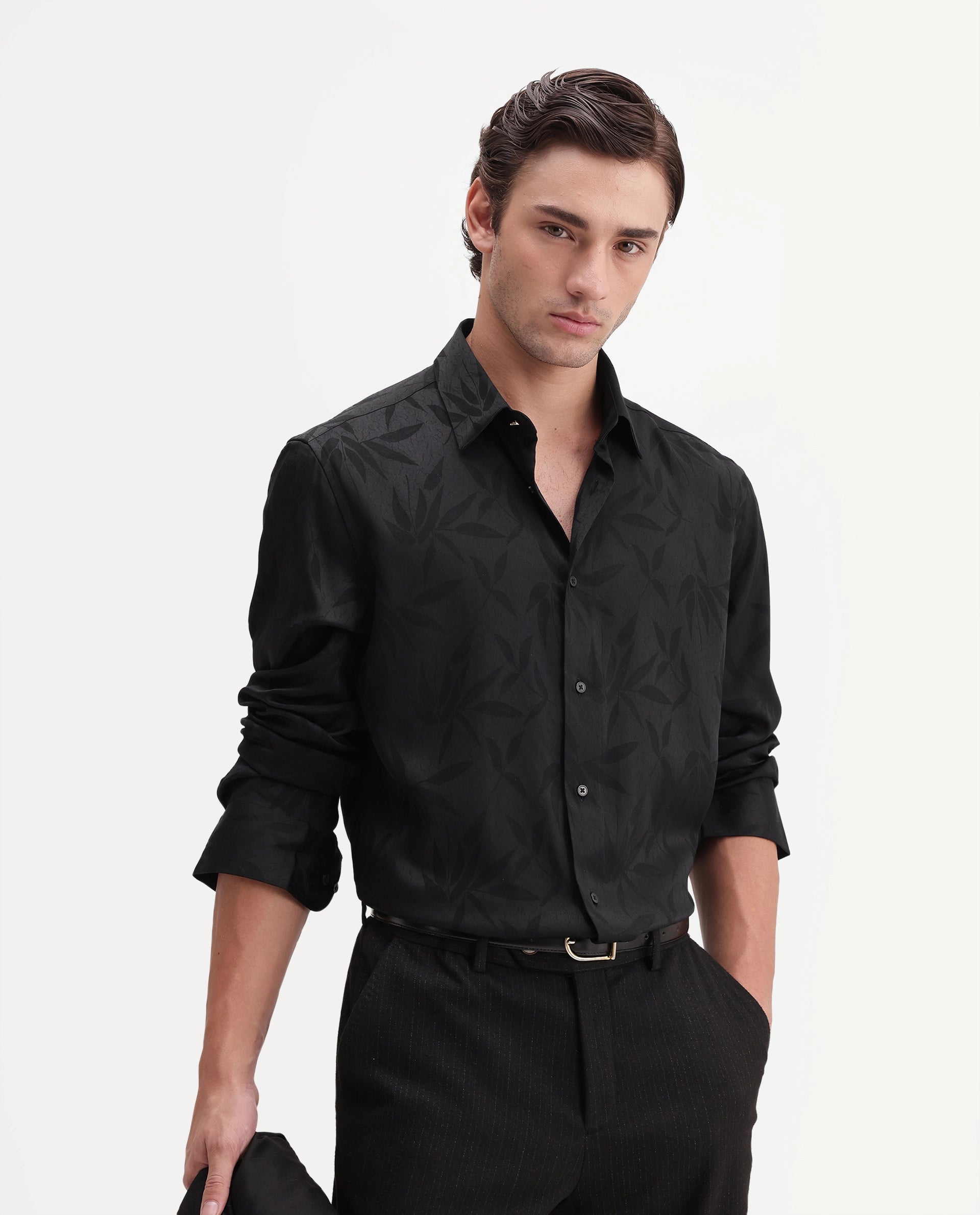 Rare Rabbit Men's Shin Black Polyester Blend Spread Collar Regular Jacquard Shirt