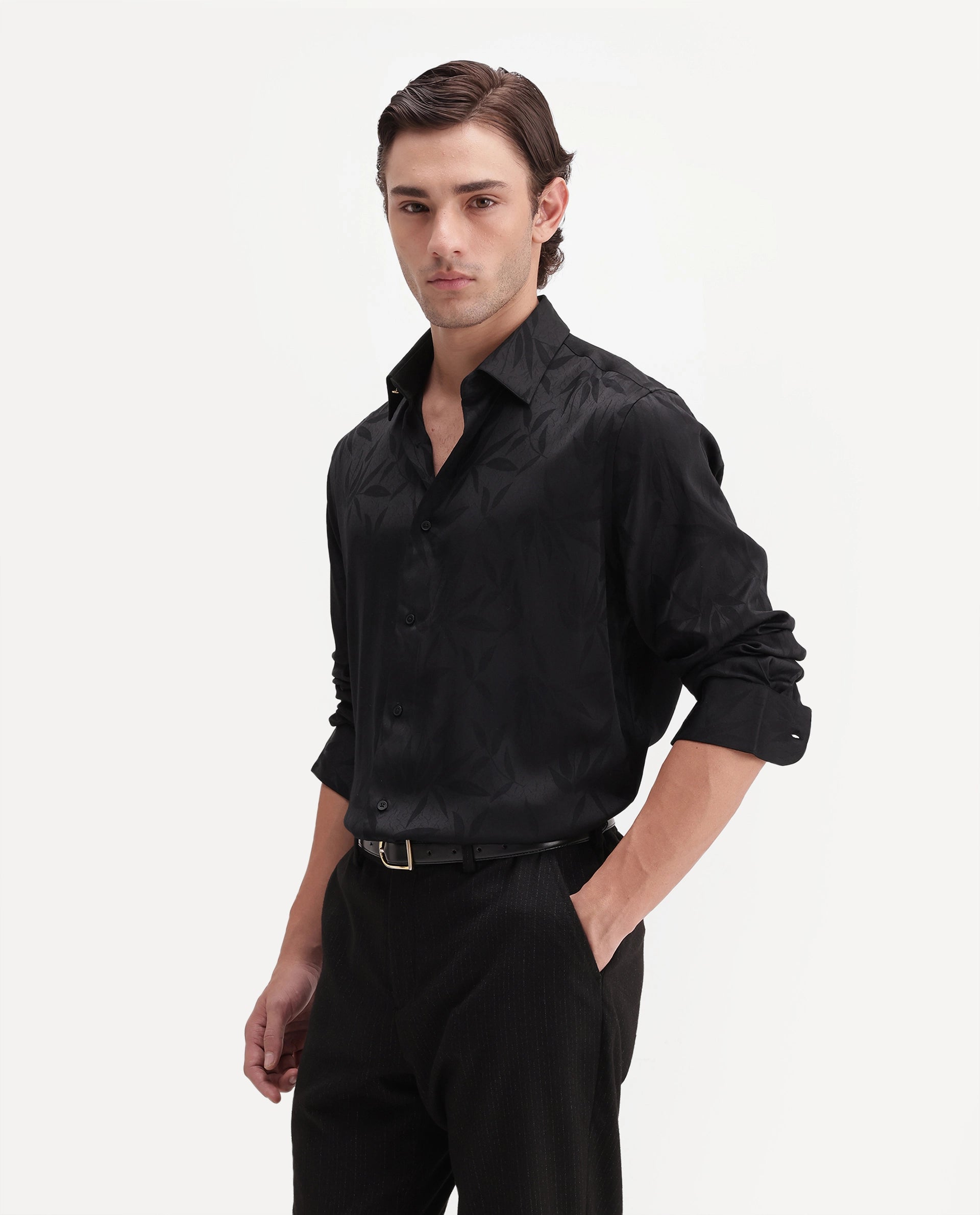 Rare Rabbit Men's Shin Black Polyester Blend Spread Collar Regular Jacquard Shirt
