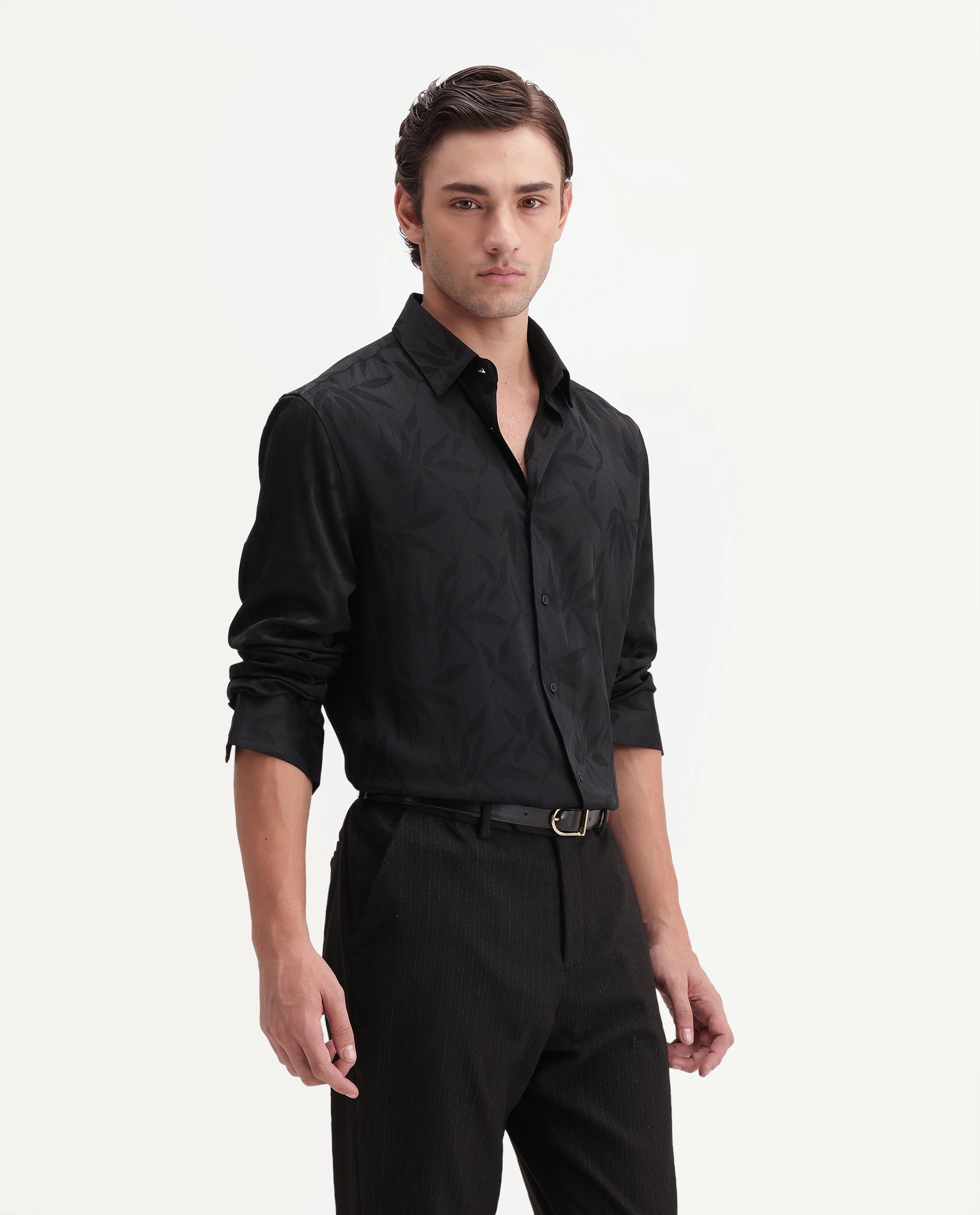 Rare Rabbit Men's Shin Black Polyester Blend Spread Collar Regular Jacquard Shirt