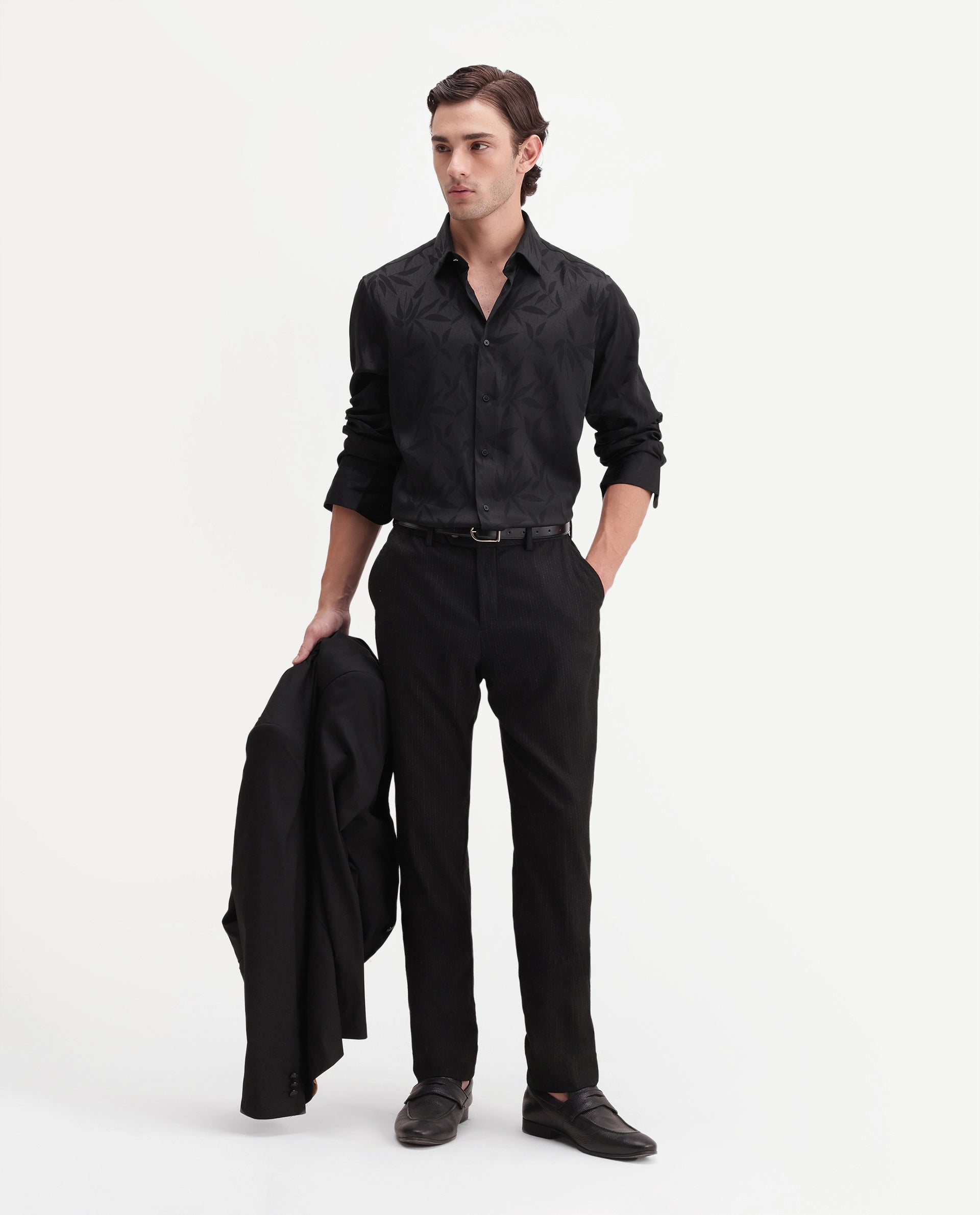 Rare Rabbit Men's Shin Black Polyester Blend Spread Collar Regular Jacquard Shirt