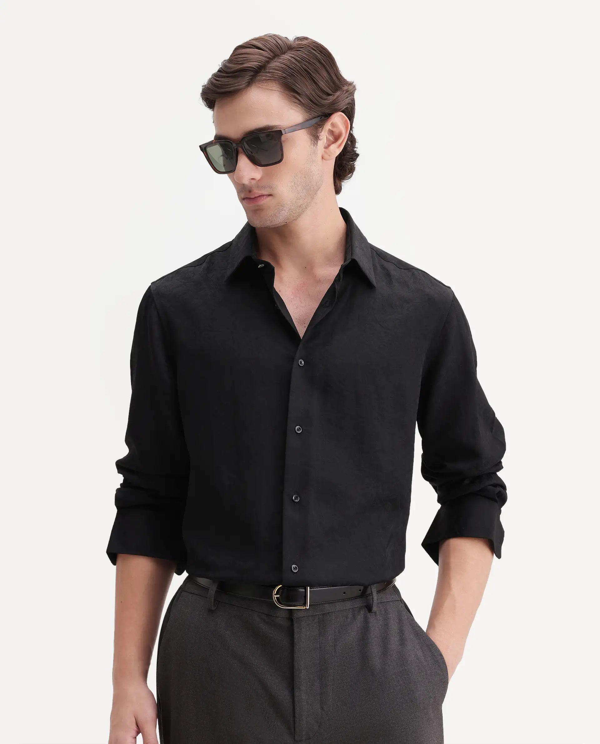 Rare Rabbit Men's Rex Black Polyester Blend Spread Collar Regular Jacquard Shirt