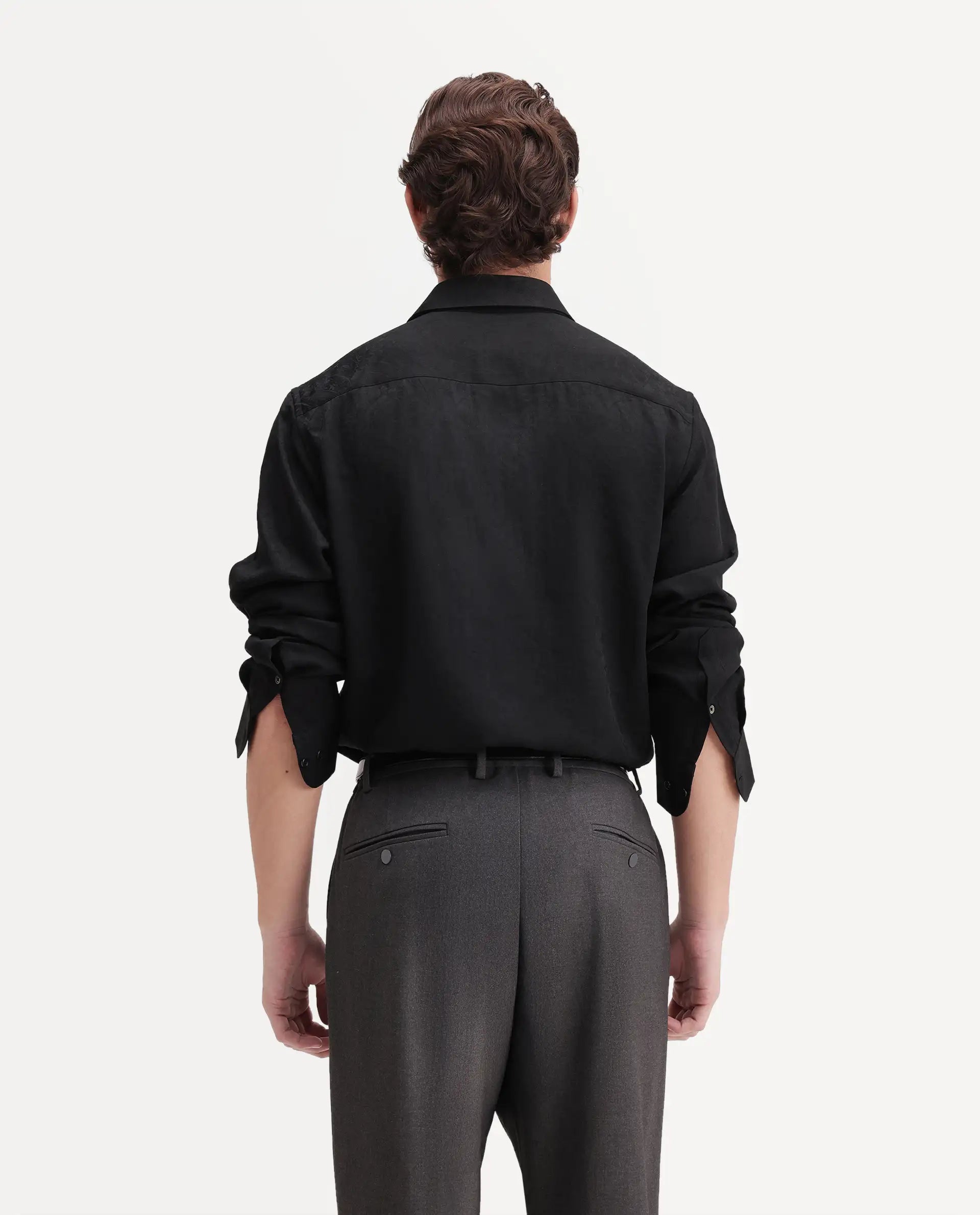 Rare Rabbit Men's Rex Black Polyester Blend Spread Collar Regular Jacquard Shirt