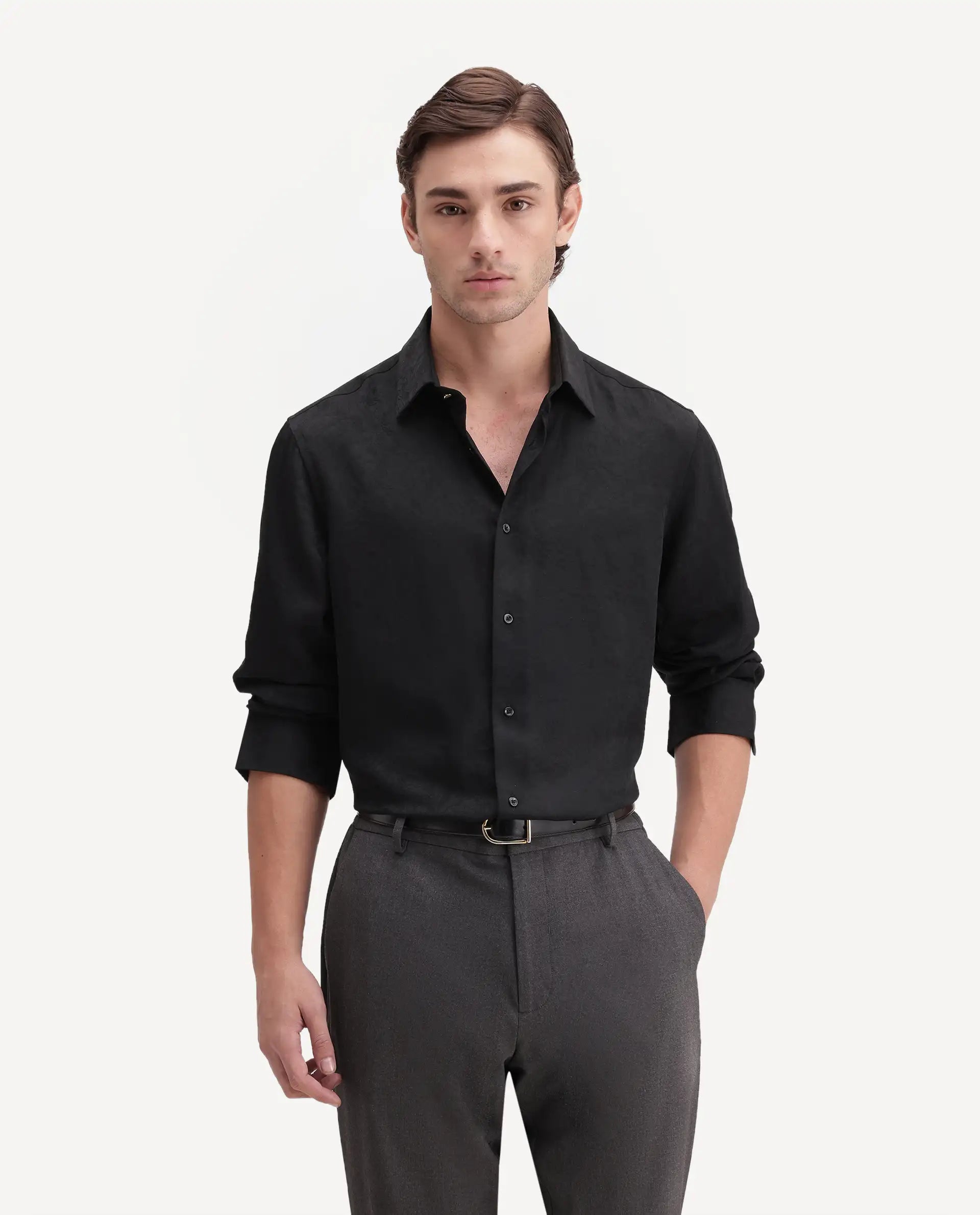 Rare Rabbit Men's Rex Black Polyester Blend Spread Collar Regular Jacquard Shirt