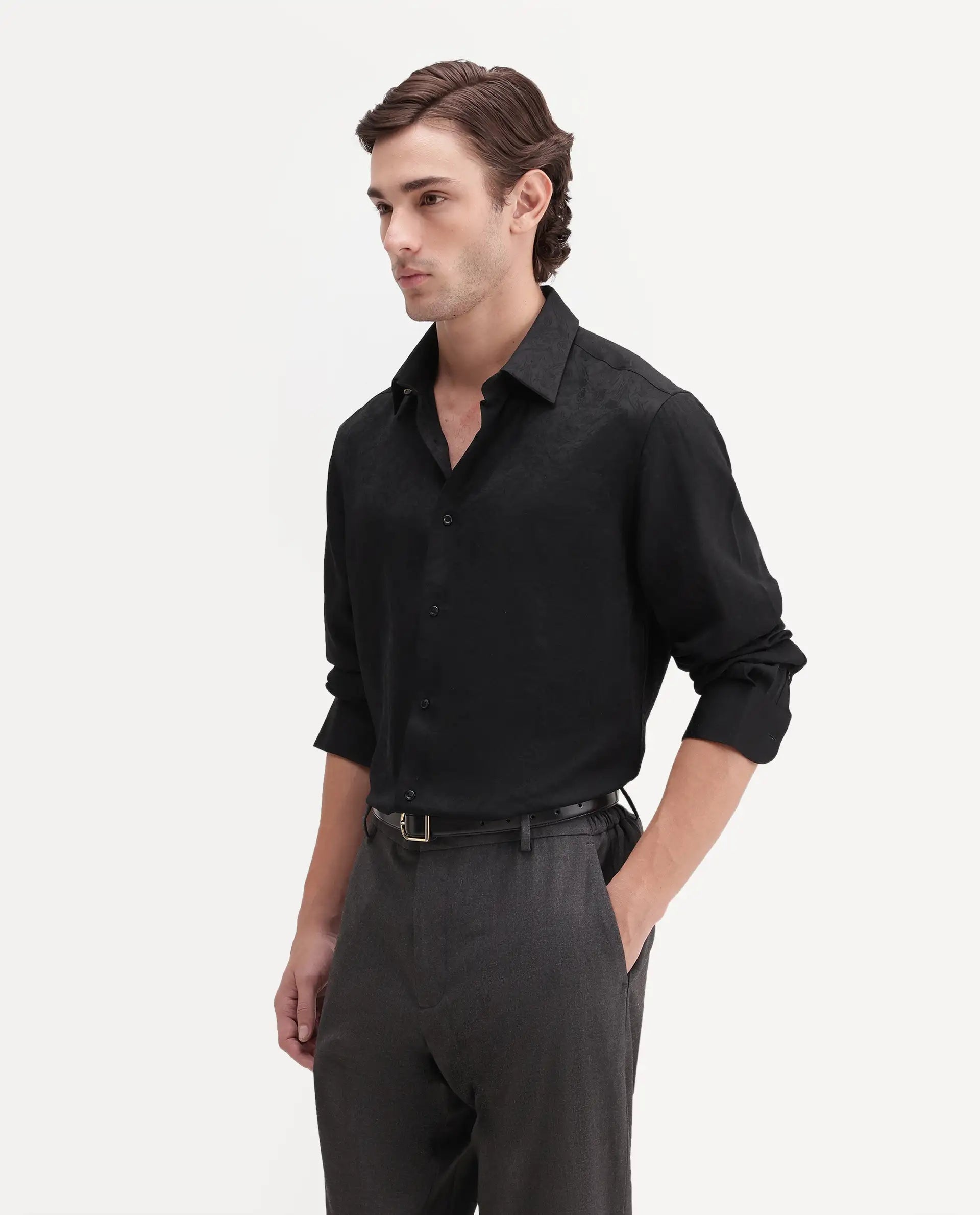 Rare Rabbit Men's Rex Black Polyester Blend Spread Collar Regular Jacquard Shirt