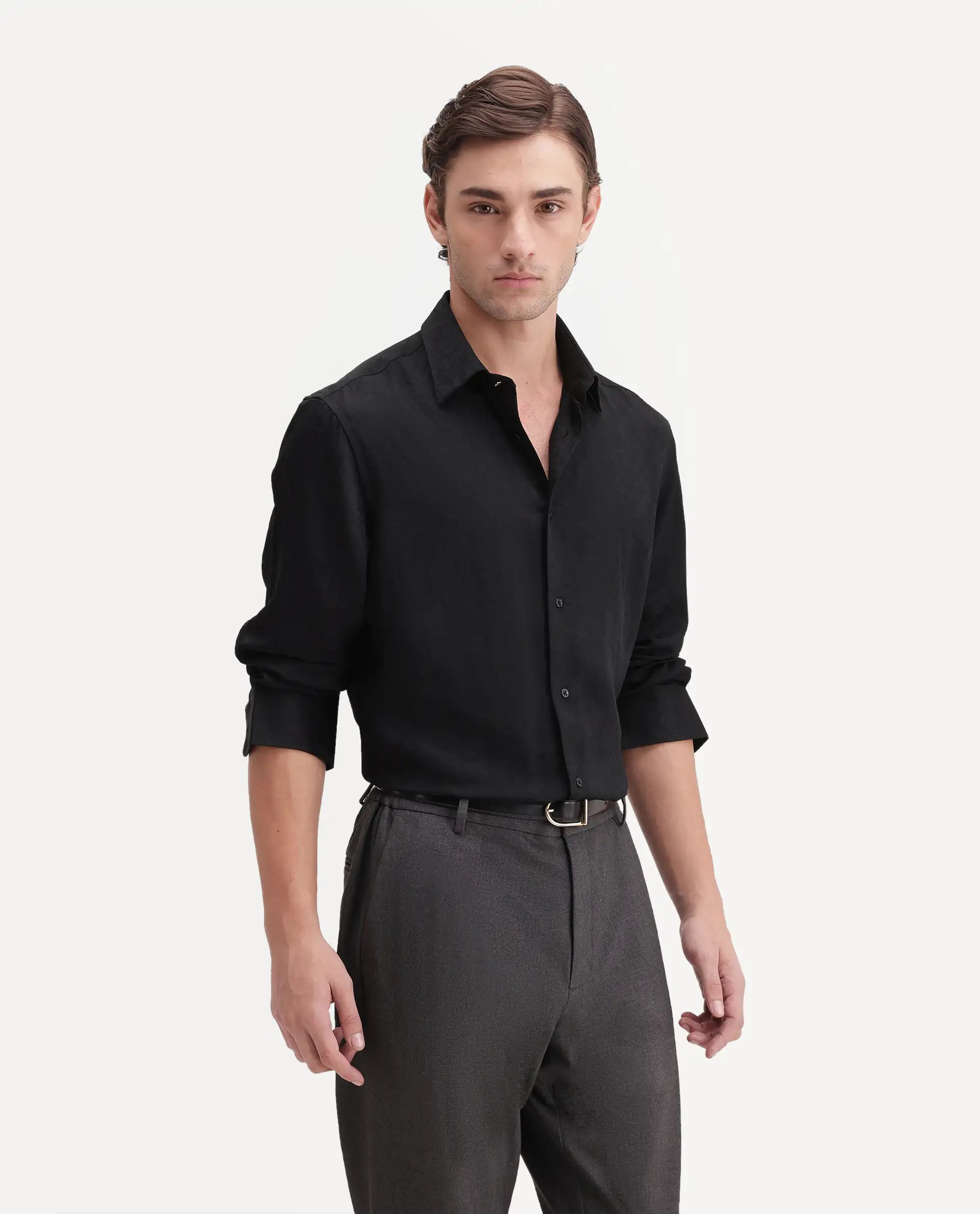 Rare Rabbit Men's Rex Black Polyester Blend Spread Collar Regular Jacquard Shirt
