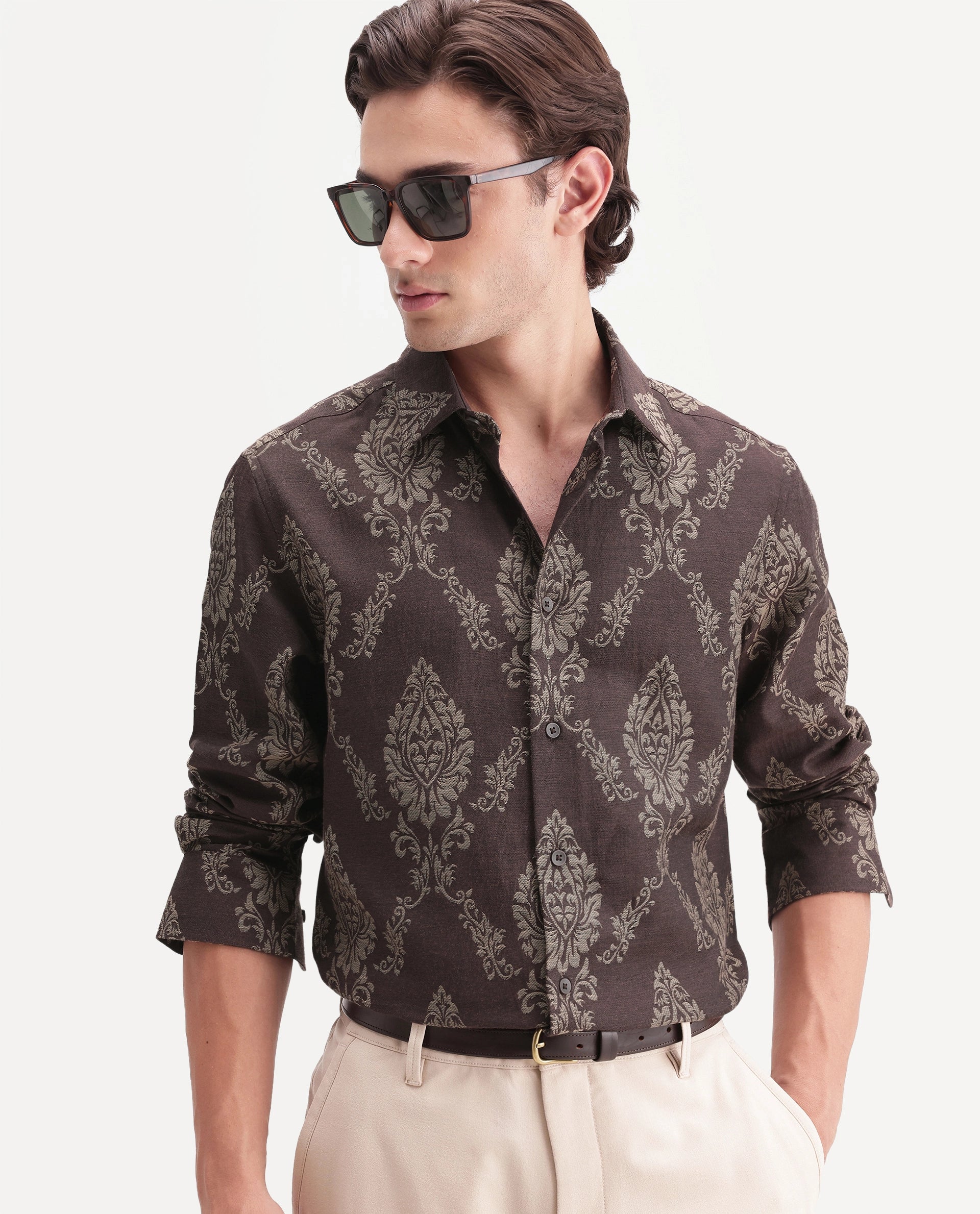 Rare Rabbit Men's Tiel-26 Dusky Brown Cotton Blend Spread Collar Regular Jacquard Shirt