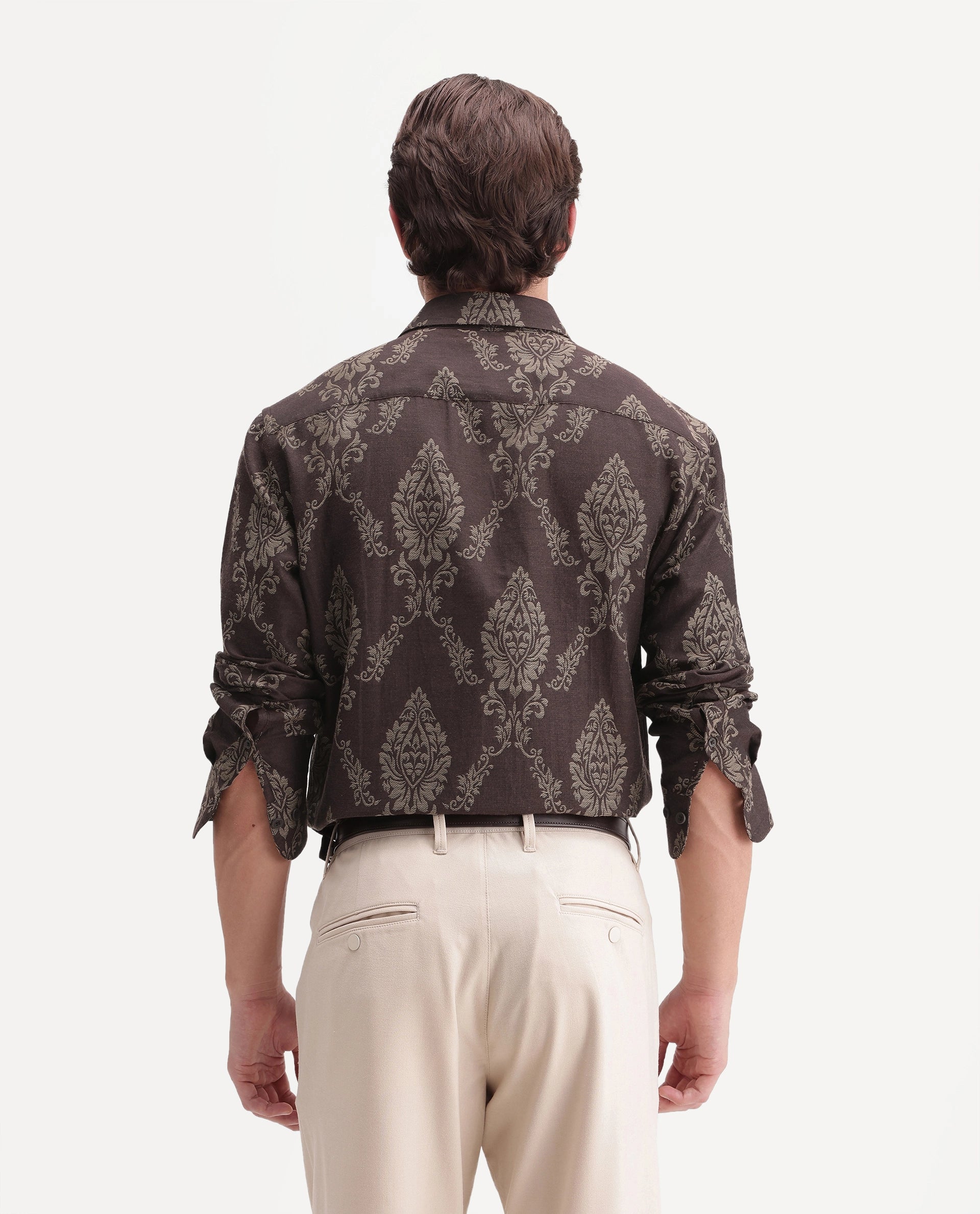Rare Rabbit Men's Tiel-26 Dusky Brown Cotton Blend Spread Collar Regular Jacquard Shirt