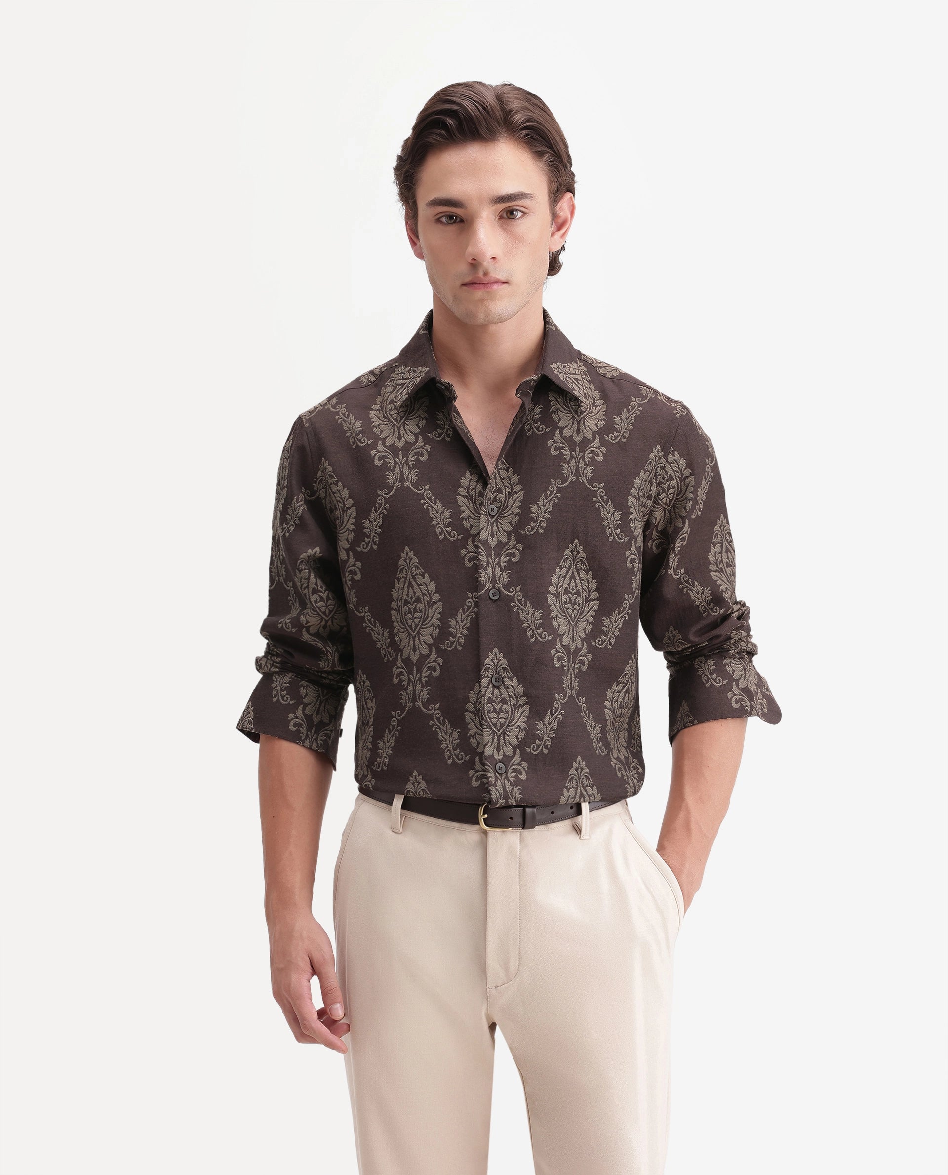 Rare Rabbit Men's Tiel-26 Dusky Brown Cotton Blend Spread Collar Regular Jacquard Shirt