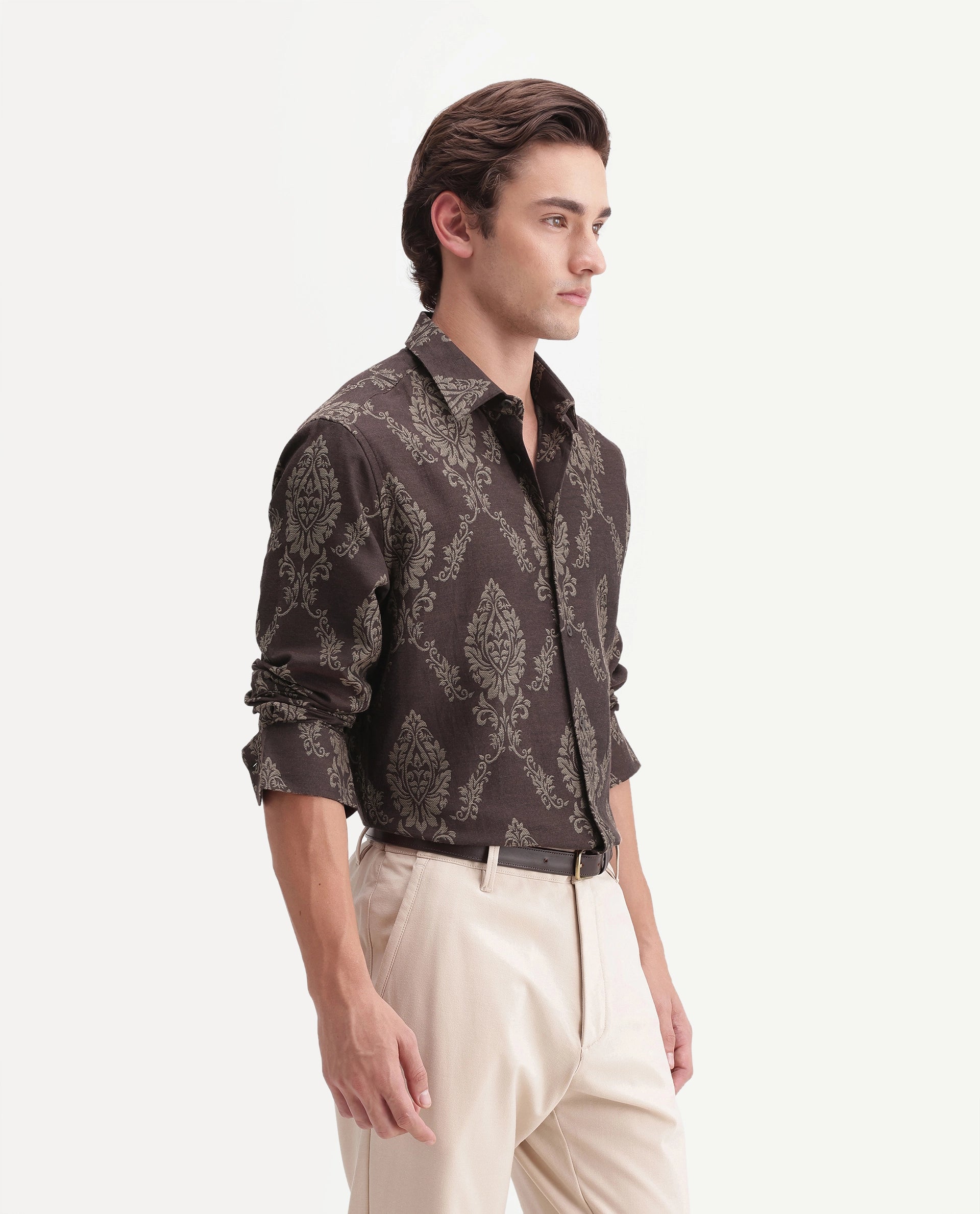 Rare Rabbit Men's Tiel-26 Dusky Brown Cotton Blend Spread Collar Regular Jacquard Shirt