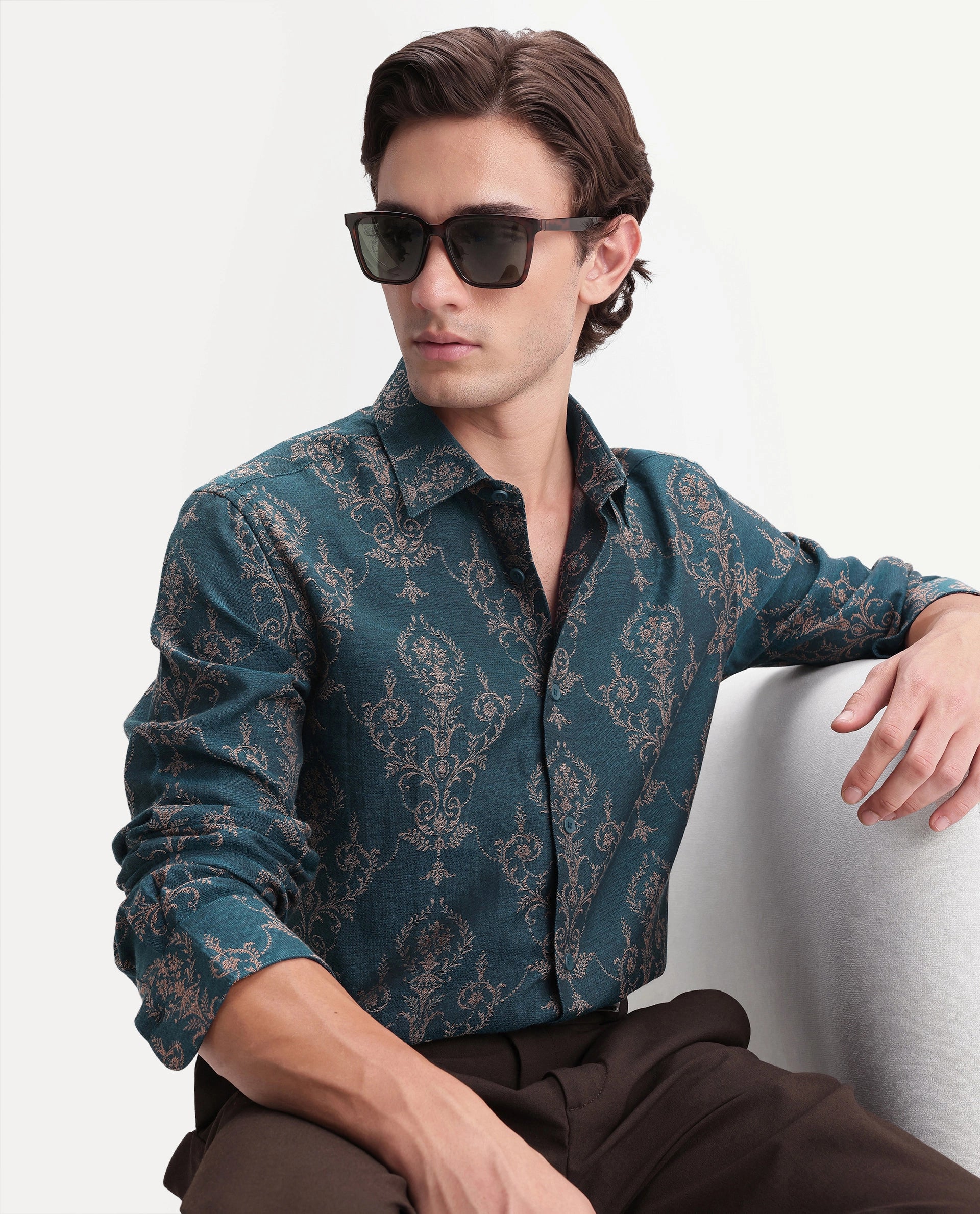 Rare Rabbit Men's Tiel-26 Teal Cotton Blend Spread Collar Regular Jacquard Shirt