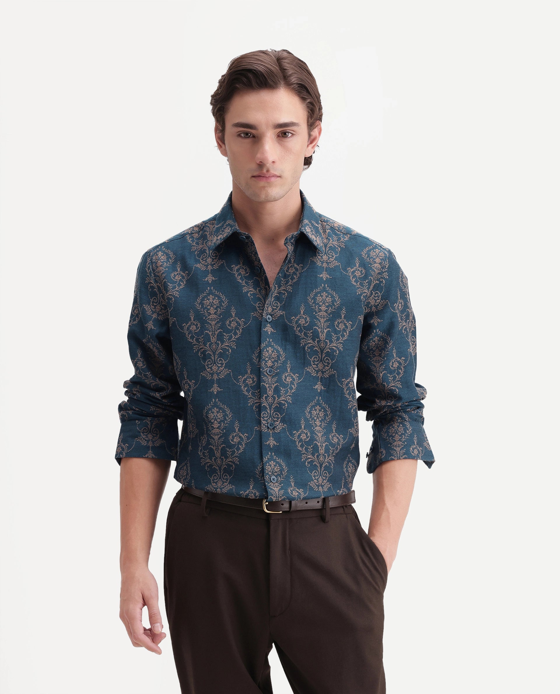 Rare Rabbit Men's Tiel-26 Teal Cotton Blend Spread Collar Regular Jacquard Shirt