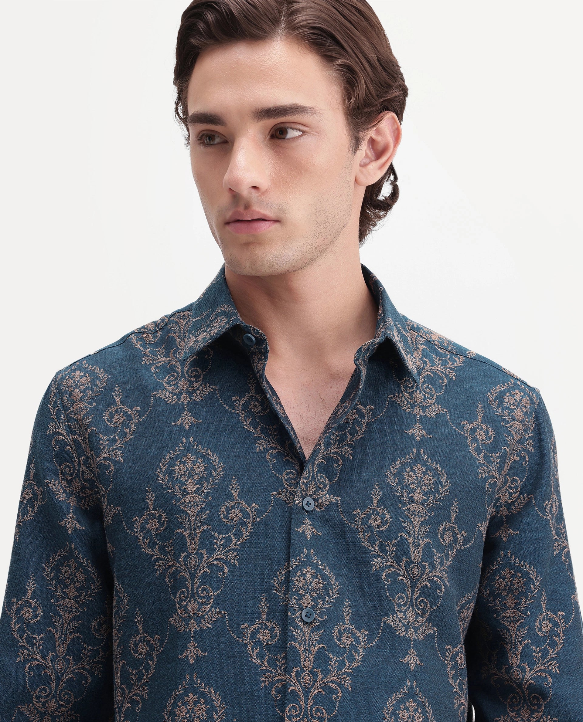 Rare Rabbit Men's Tiel-26 Teal Cotton Blend Spread Collar Regular Jacquard Shirt
