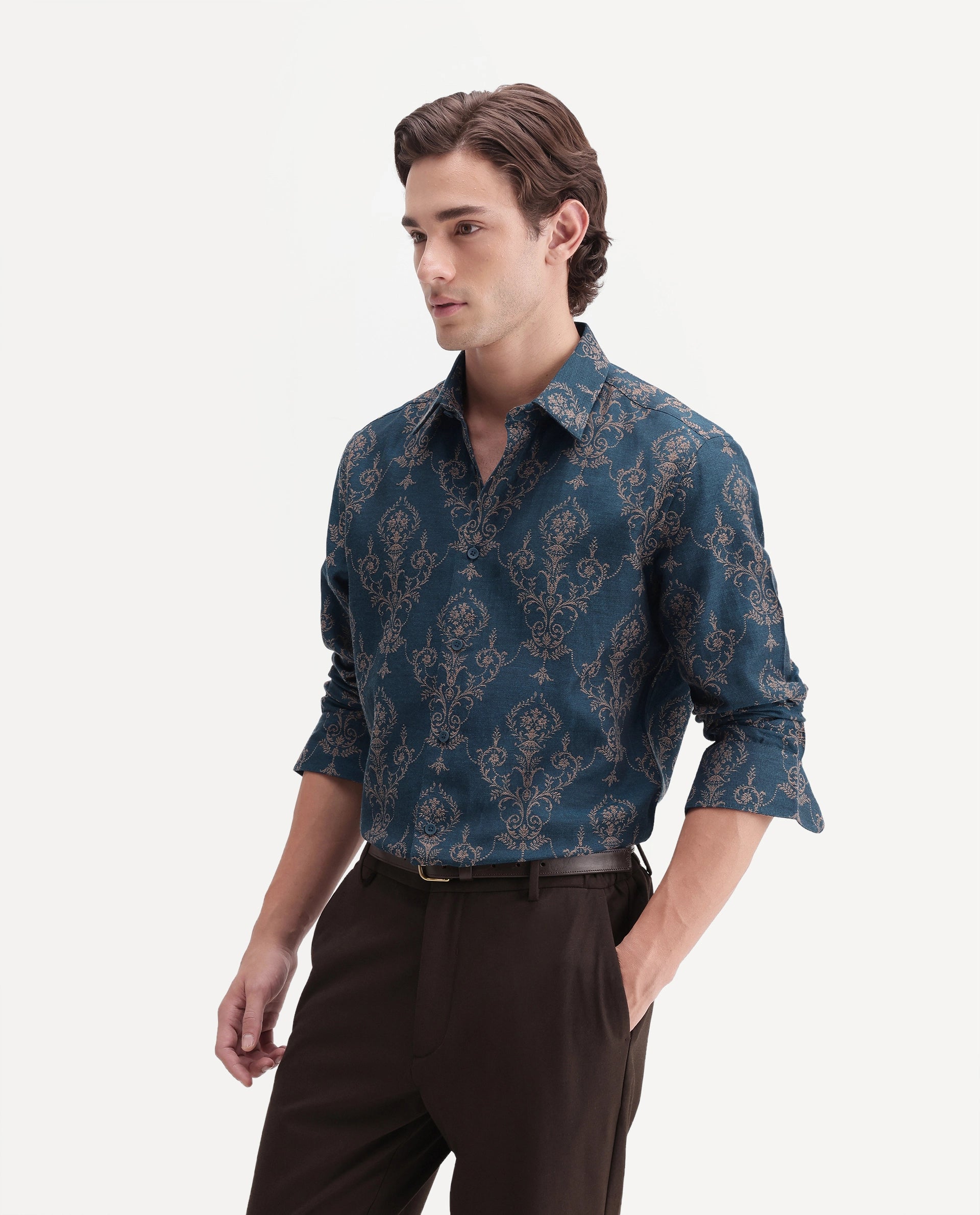 Rare Rabbit Men's Tiel-26 Teal Cotton Blend Spread Collar Regular Jacquard Shirt