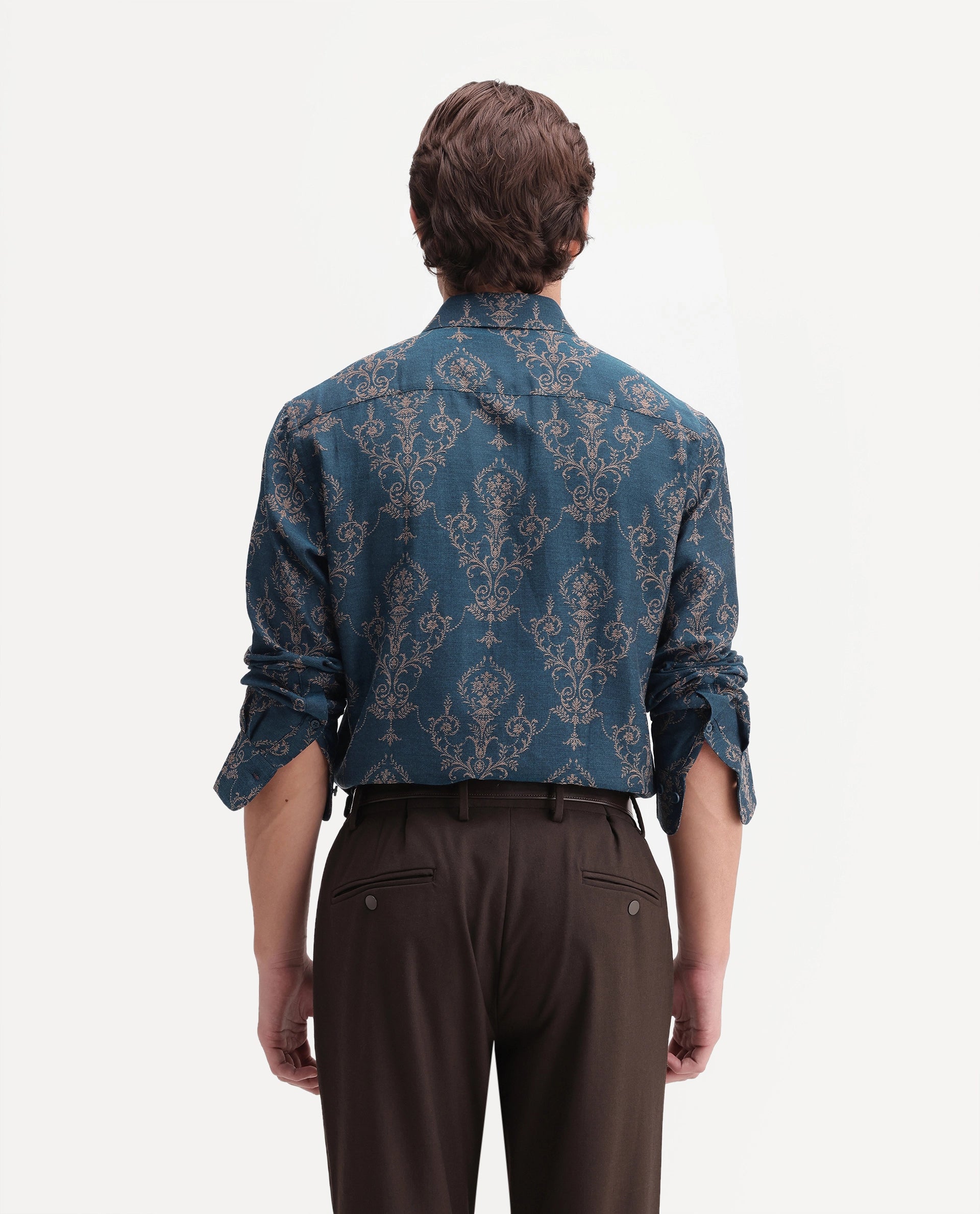Rare Rabbit Men's Tiel-26 Teal Cotton Blend Spread Collar Regular Jacquard Shirt