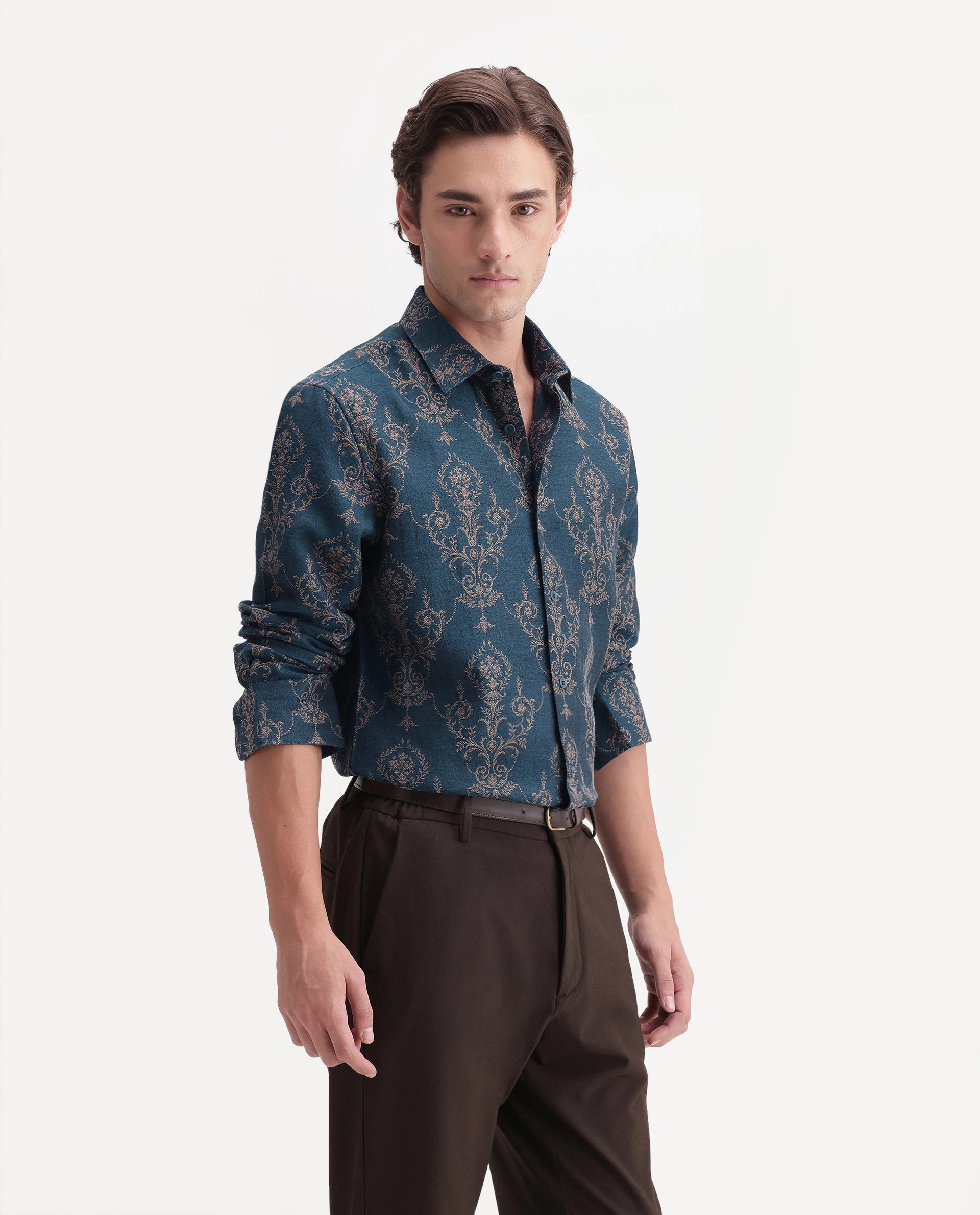 Rare Rabbit Men's Tiel-26 Teal Cotton Blend Spread Collar Regular Jacquard Shirt
