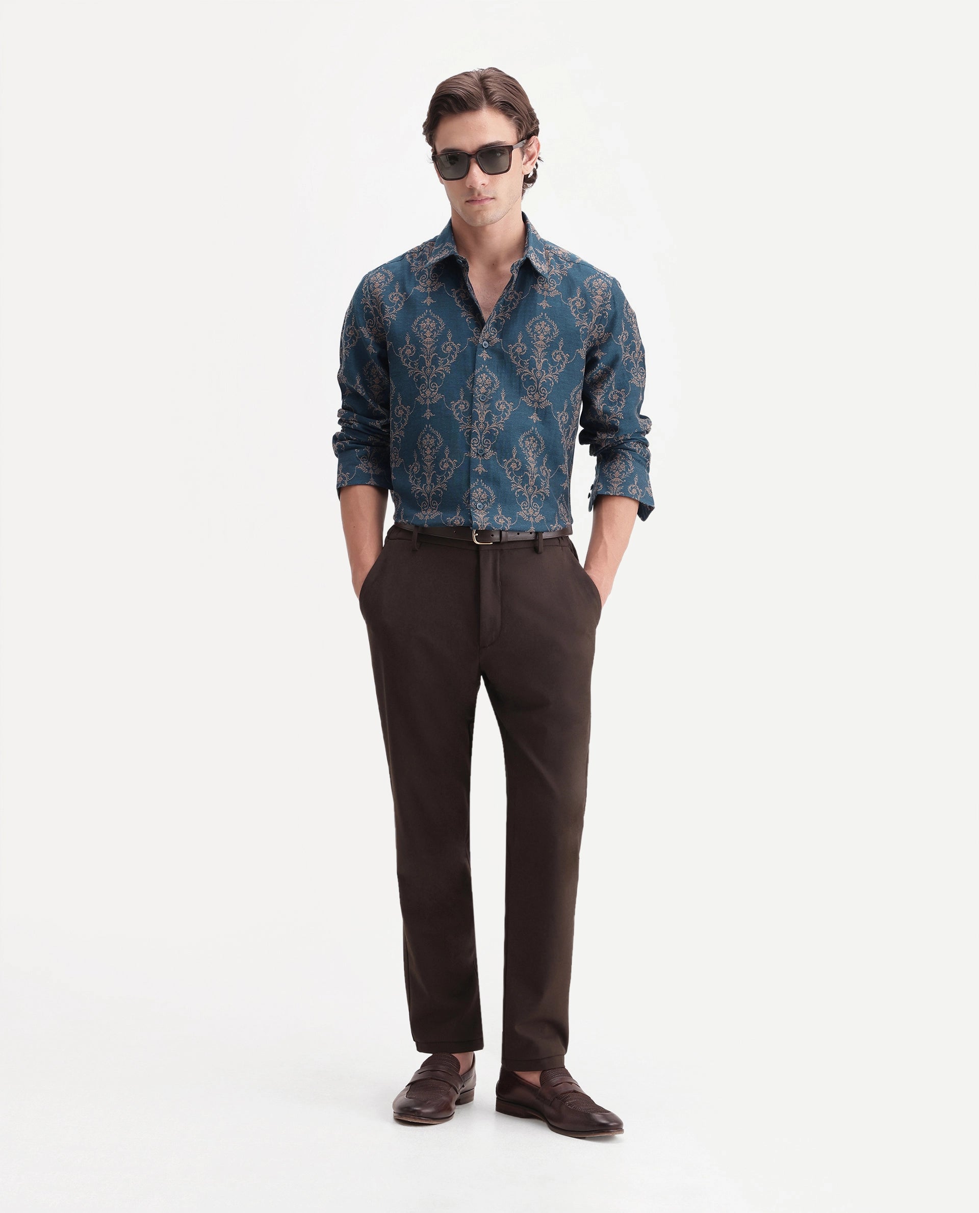 Rare Rabbit Men's Tiel-26 Teal Cotton Blend Spread Collar Regular Jacquard Shirt