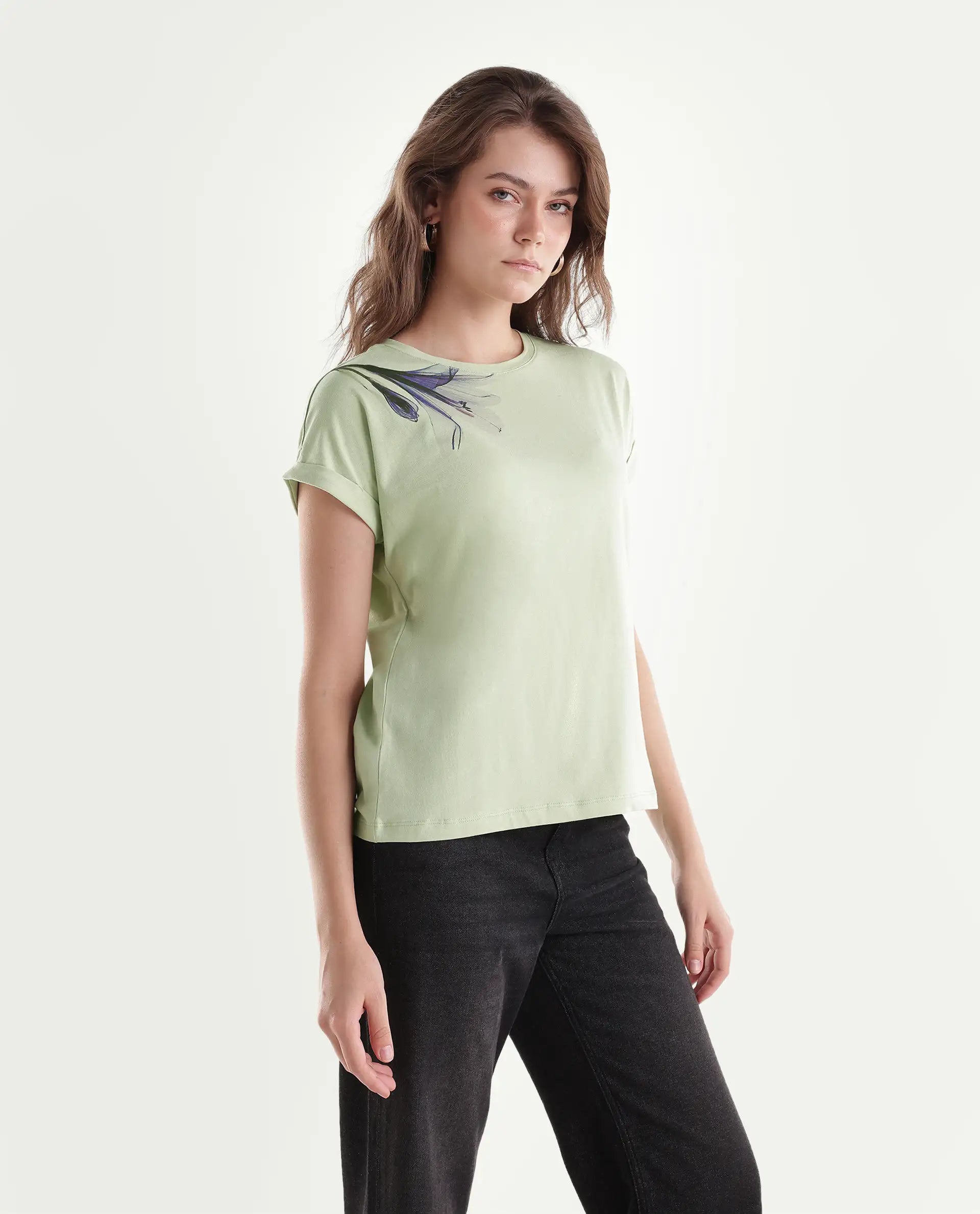Rareism Women's Mattaduro Pastel Green Cotton Blend Crew Neck Relaxed Floral Print T-Shirt