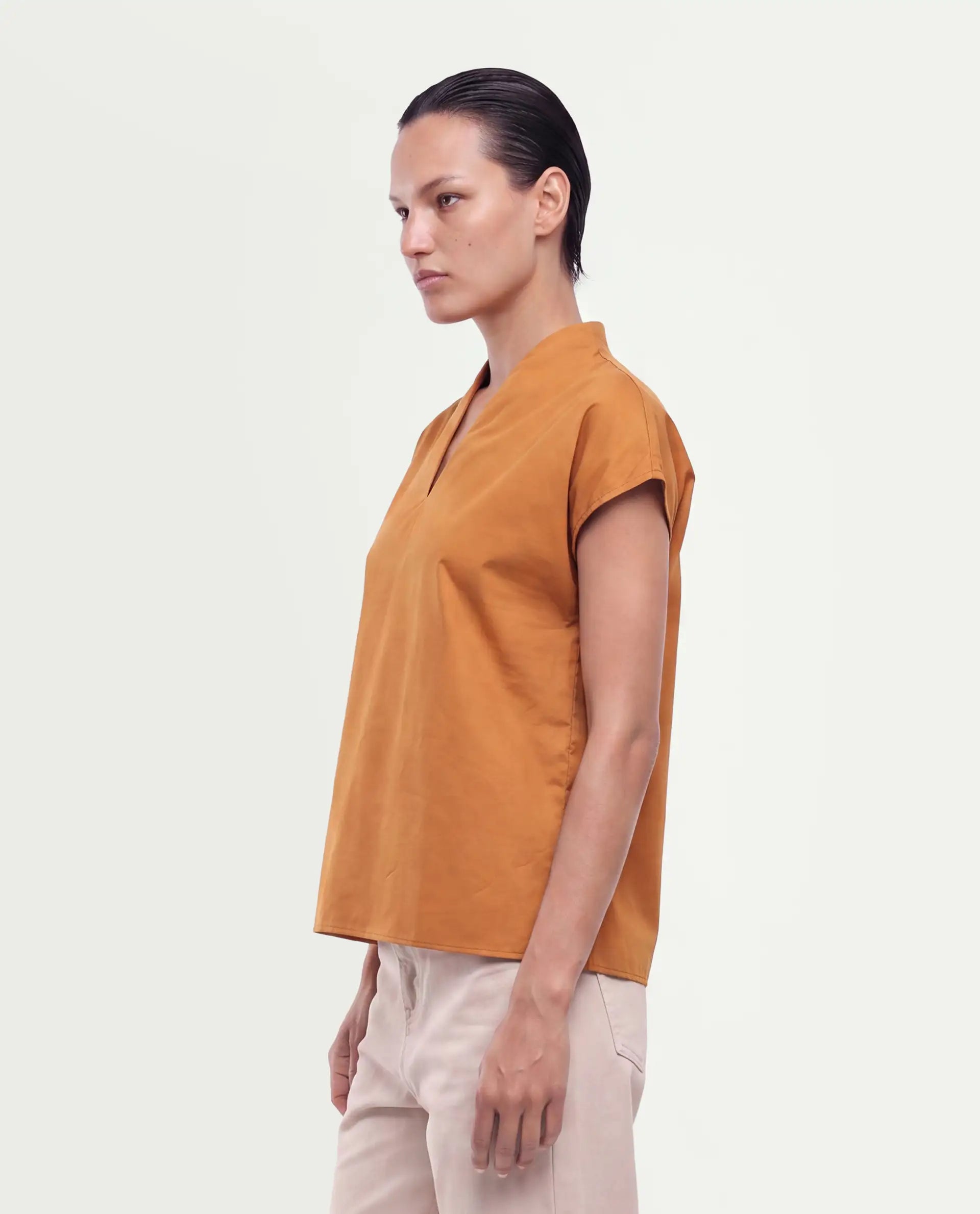 Rareism Women's Buijity Yellow Cotton Blend Stand Collar Regular Plain Top