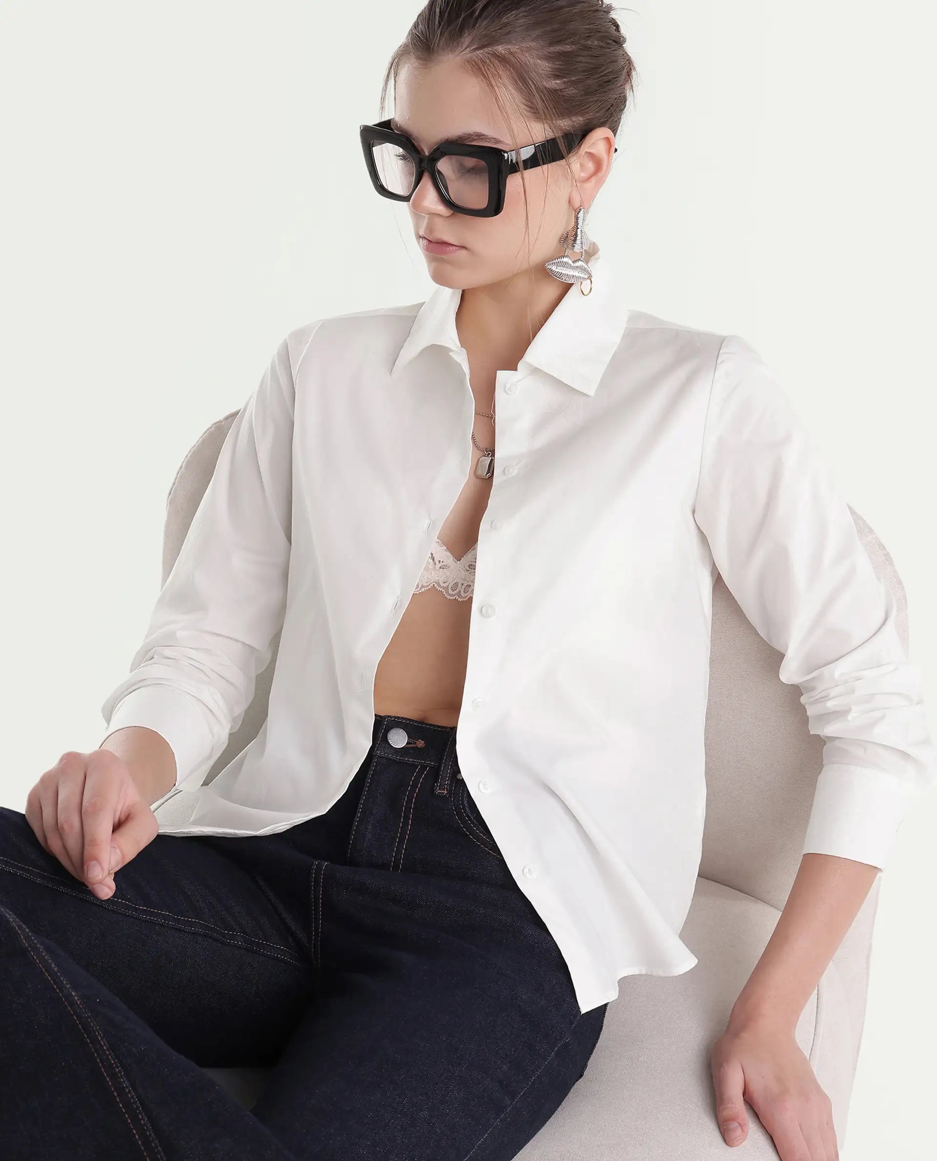 Rareism Women's Ronwio Light White Cotton Spread Collar Regular Plain Shirt