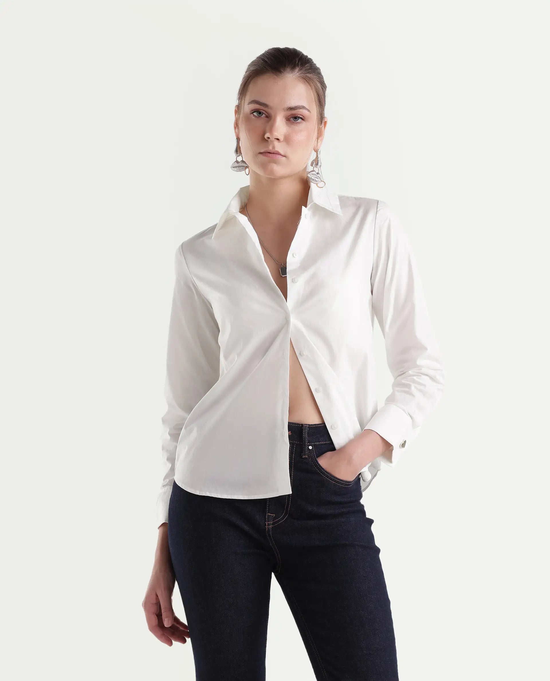 Rareism Women's Ronwio Light White Cotton Spread Collar Regular Plain Shirt