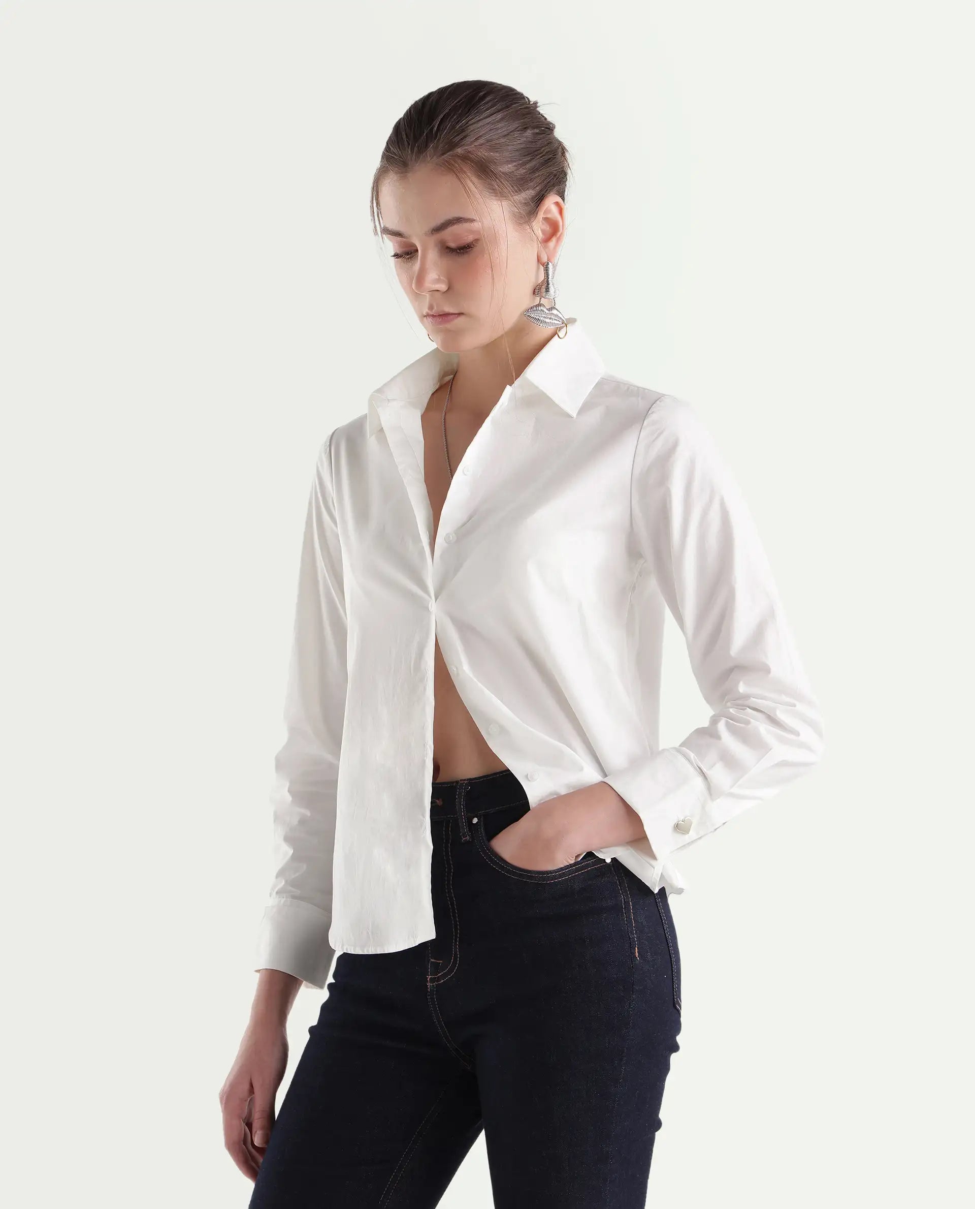 Rareism Women's Ronwio Light White Cotton Spread Collar Regular Plain Shirt