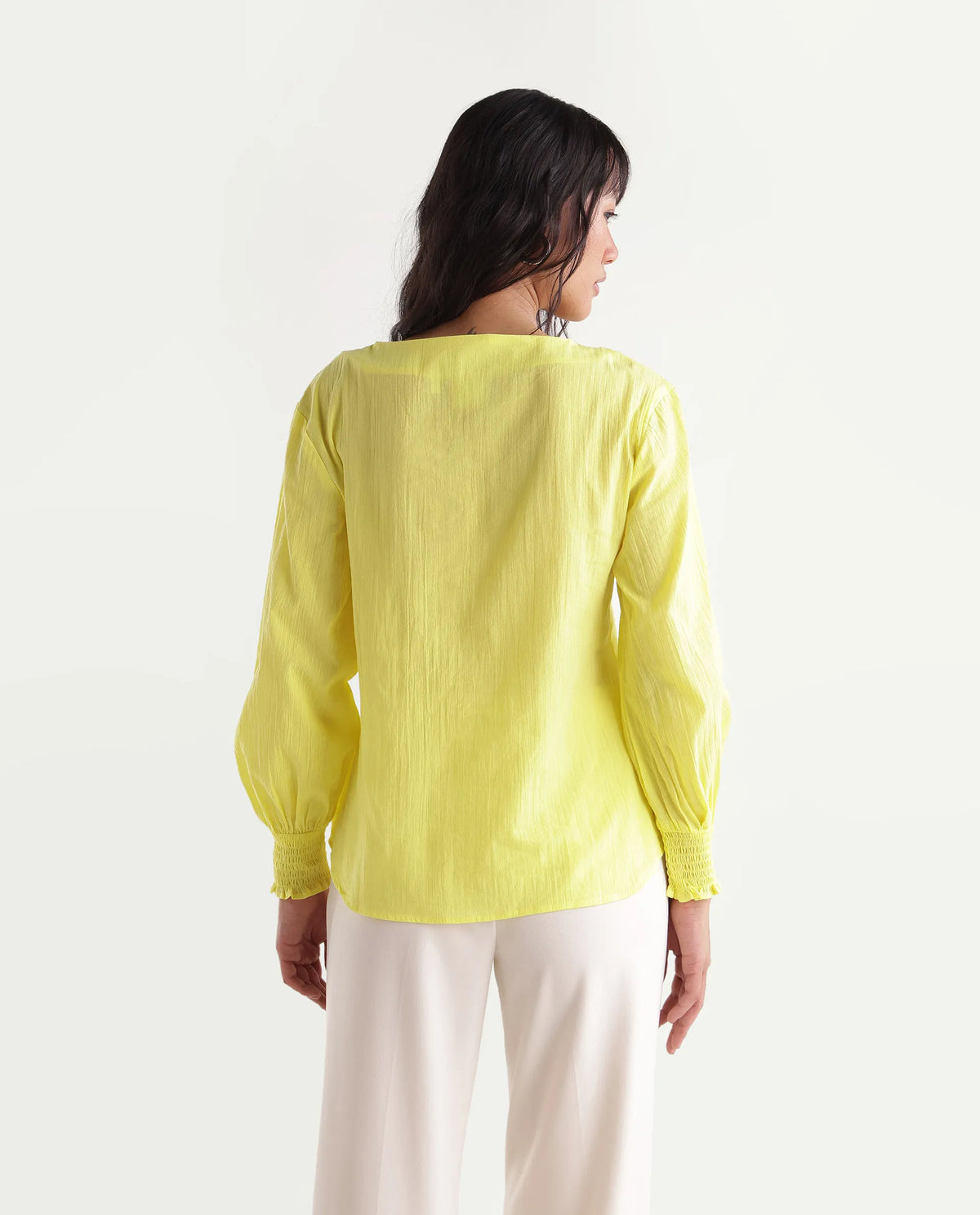 Rareism Women's Mante Yellow Cotton V-Neck Regular Plain Top