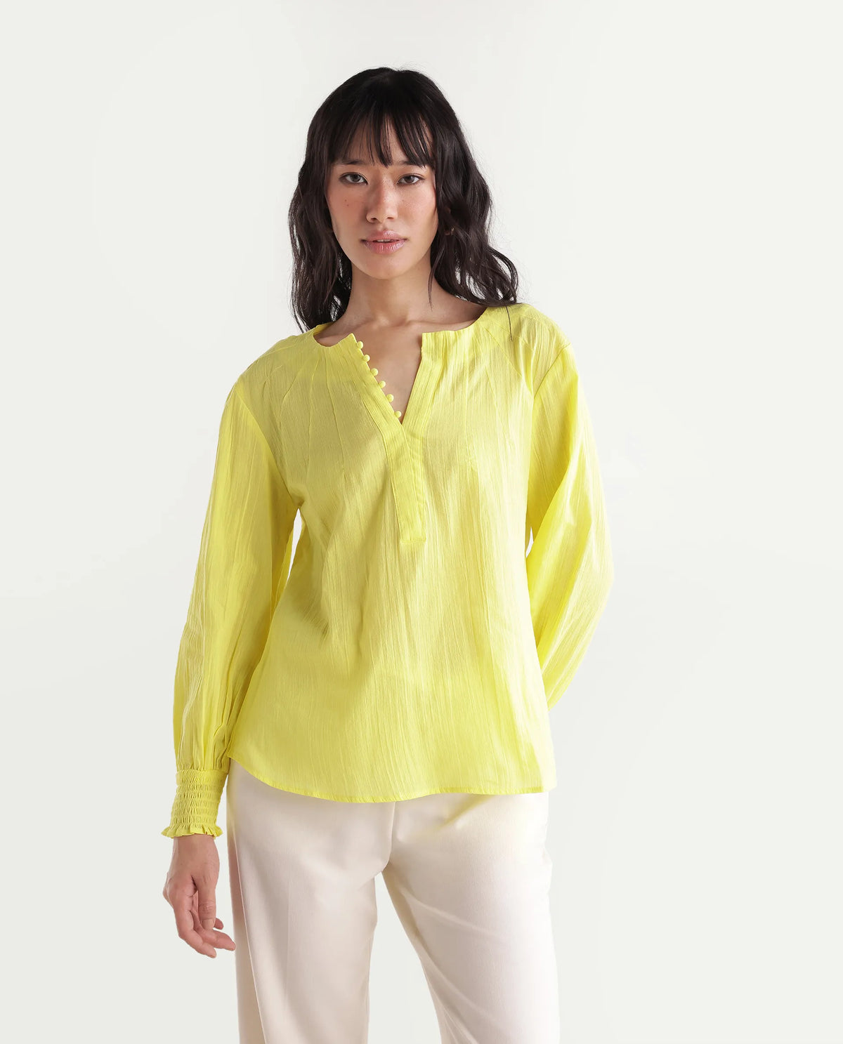 Rareism Women's Mante Yellow Cotton V-Neck Regular Plain Top