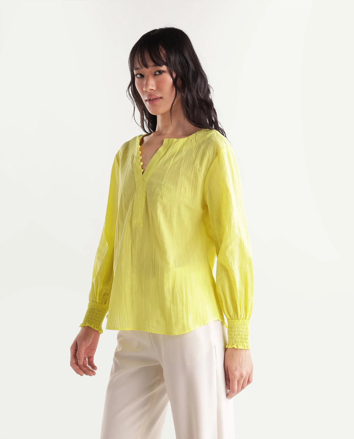 Rareism Women's Mante Yellow Cotton V-Neck Regular Plain Top
